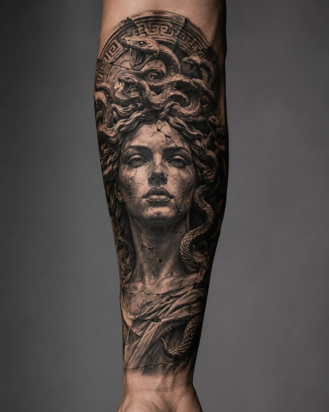 Stone Medusa face encircled by snakes and Greek key ornament.