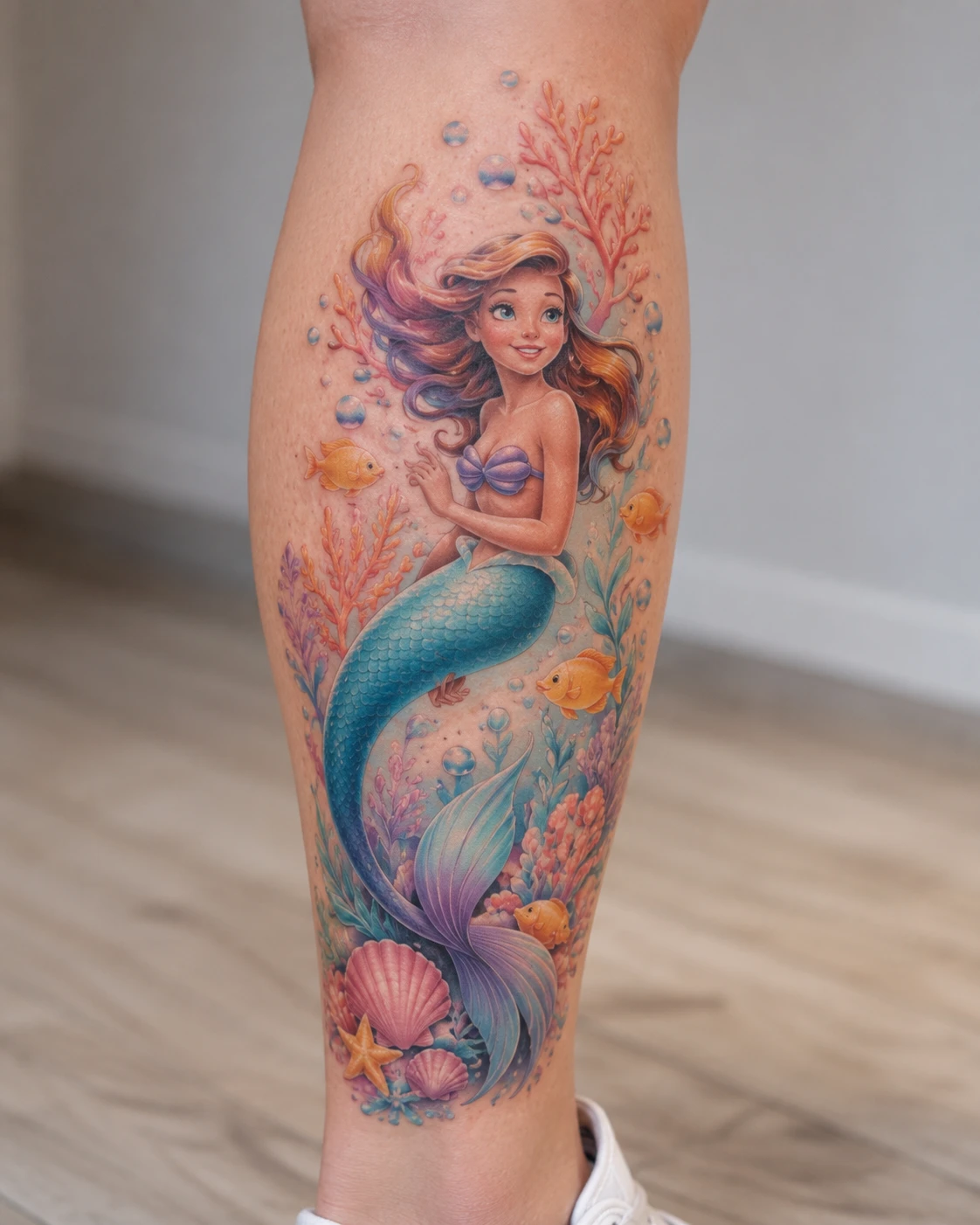 Red-haired mermaid with turquoise tail among shells and flowers