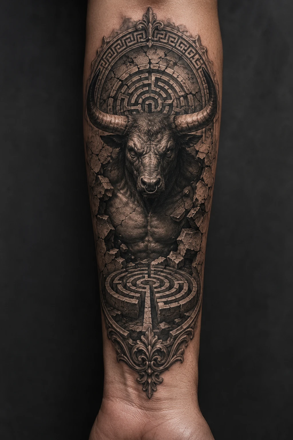 Black and grey Minotaur framed by two carved stone labyrinths.