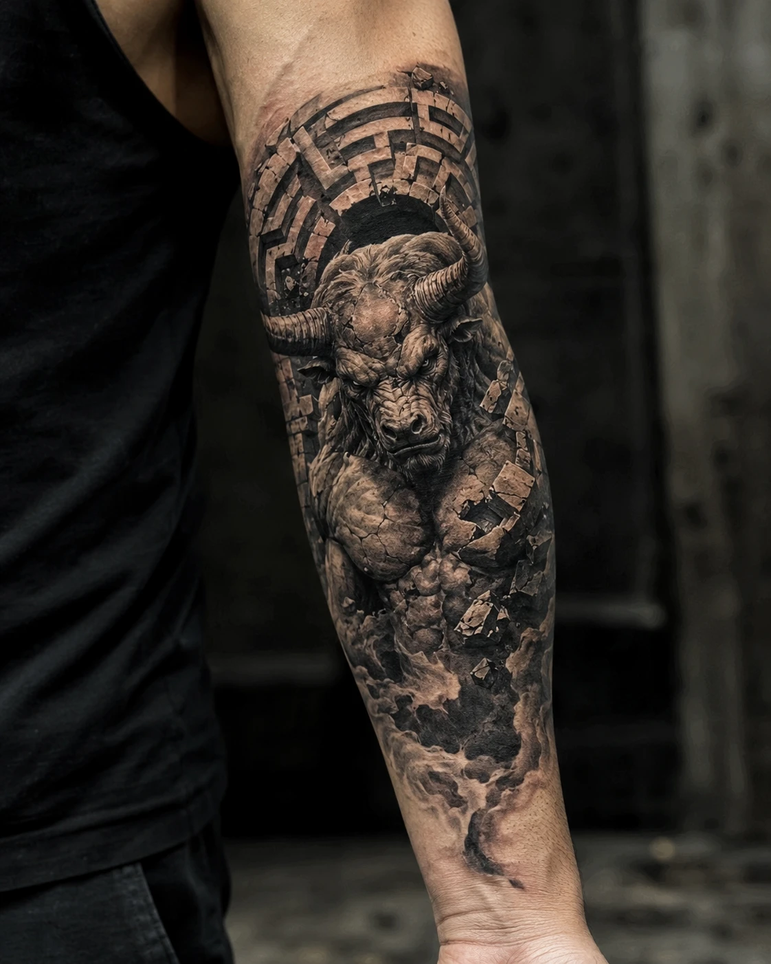 Horned Minotaur breaking through a crumbling stone labyrinth.