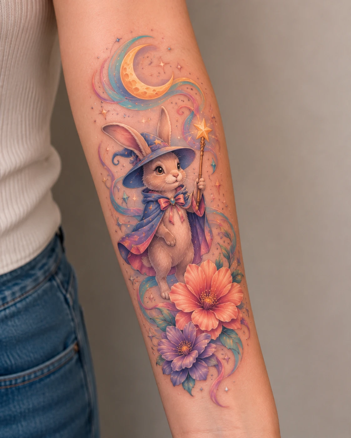 Pastel rabbit wizard with crescent moon and flowers on the forearm