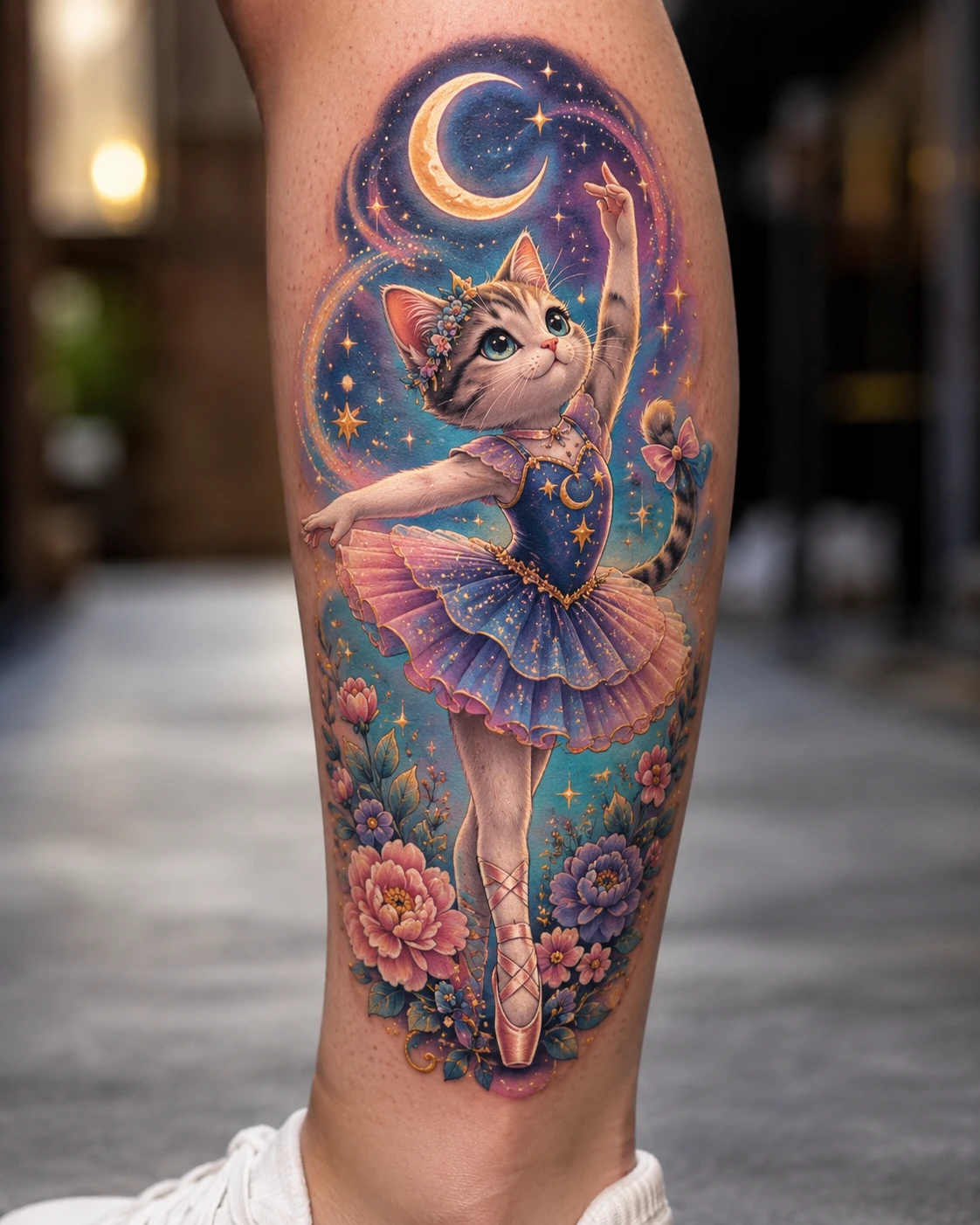 Cat ballerina in a lilac tutu beneath a crescent moon and flowers