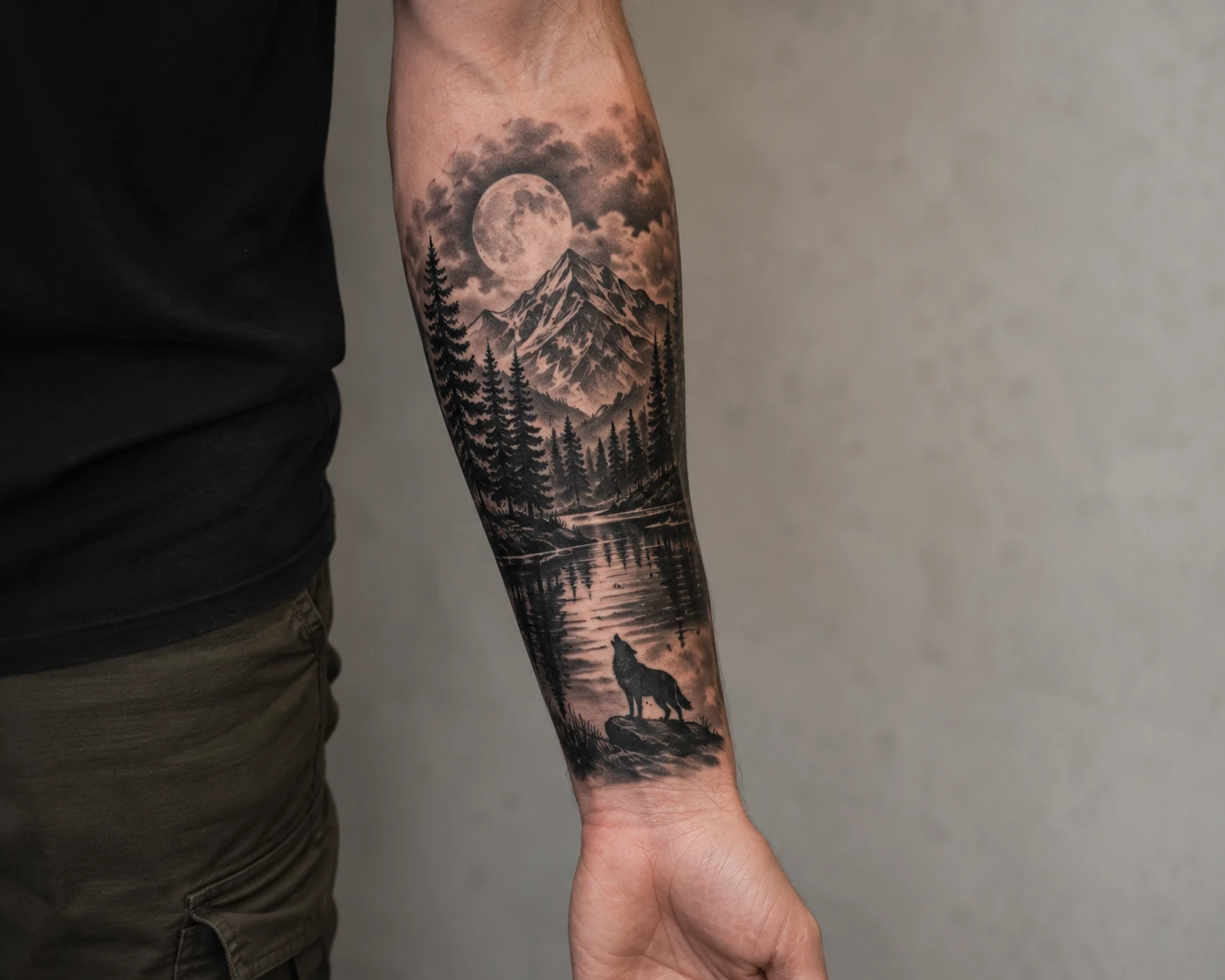 Moonlit mountain and pine forest tattoo on the forearm