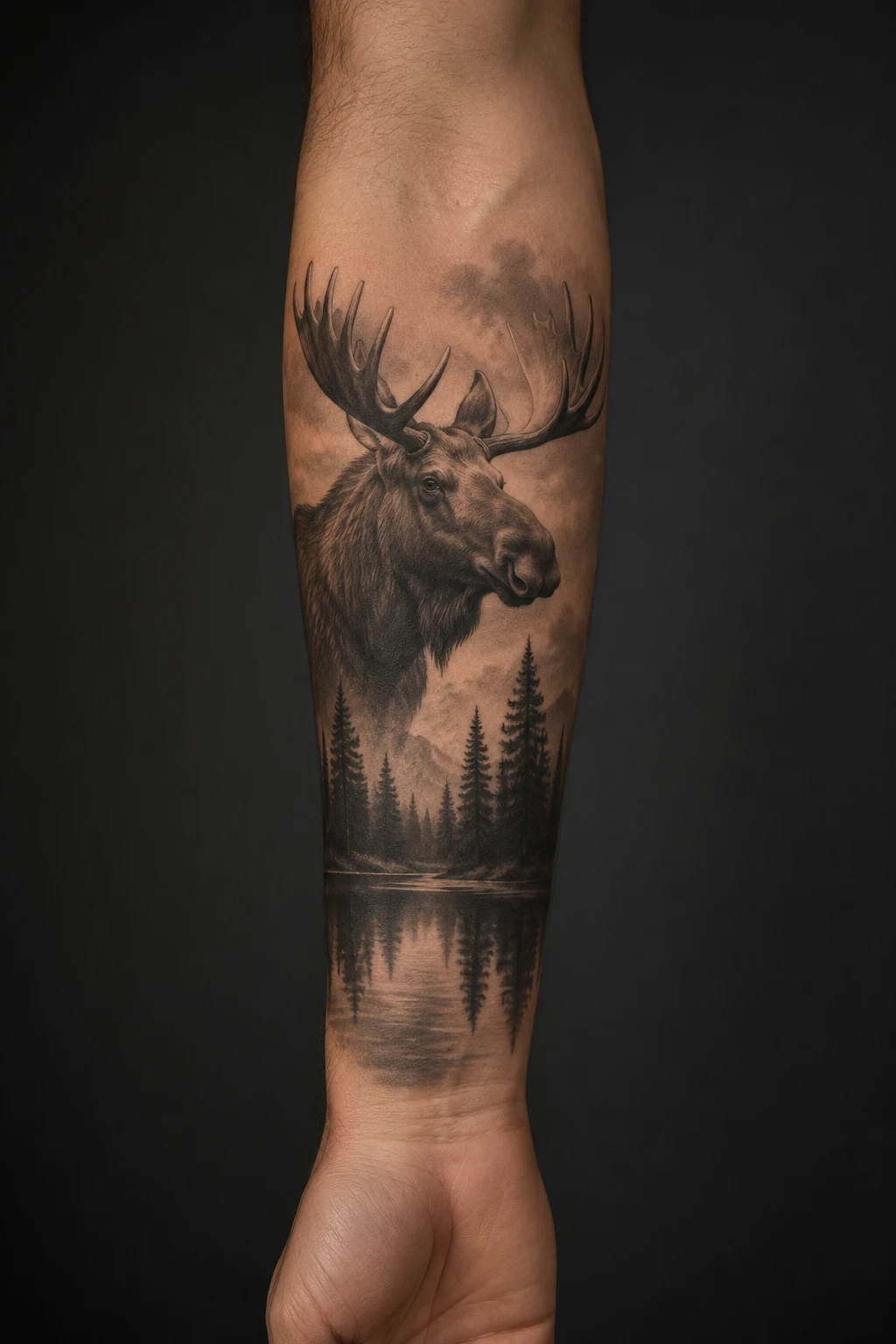 Moose with antlers beside pine forest lake tattoo on forearm