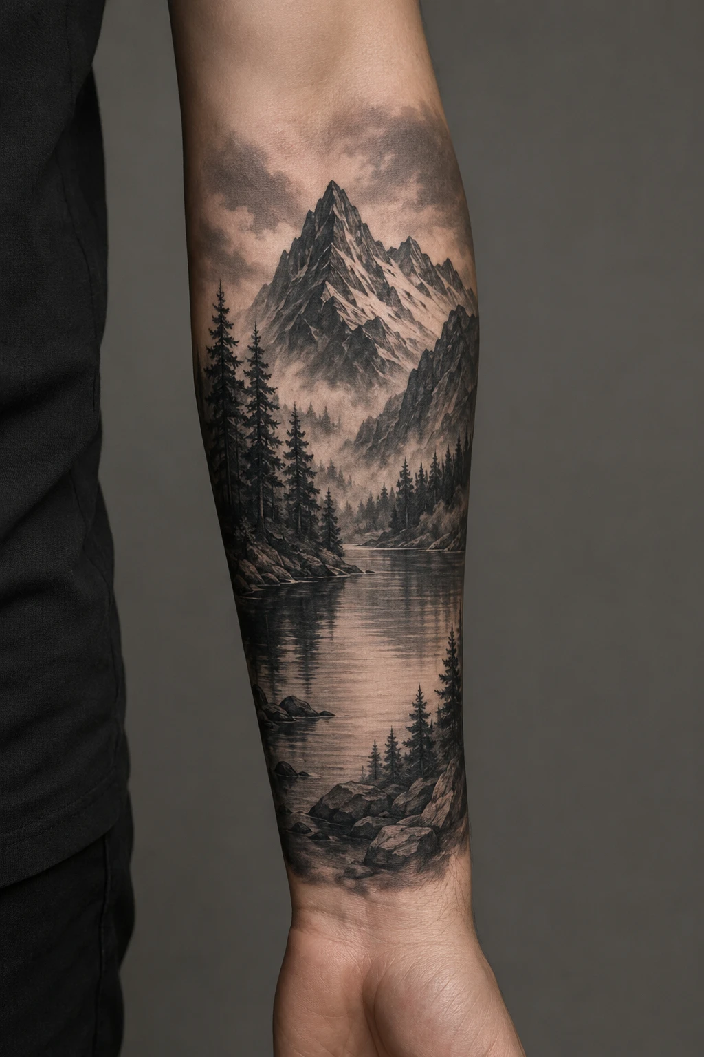 Still mountain lake reflects layered peaks between tall pines and soft bands of morning mist.