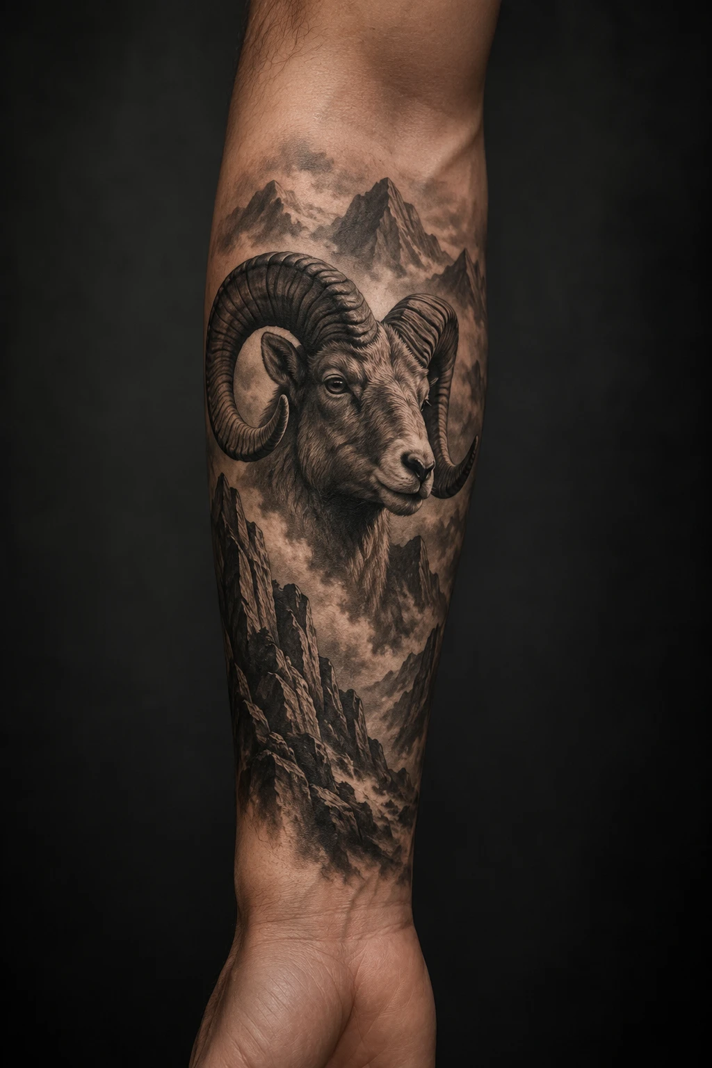 Mountain ram portrait with peaks and pines tattoo on forearm