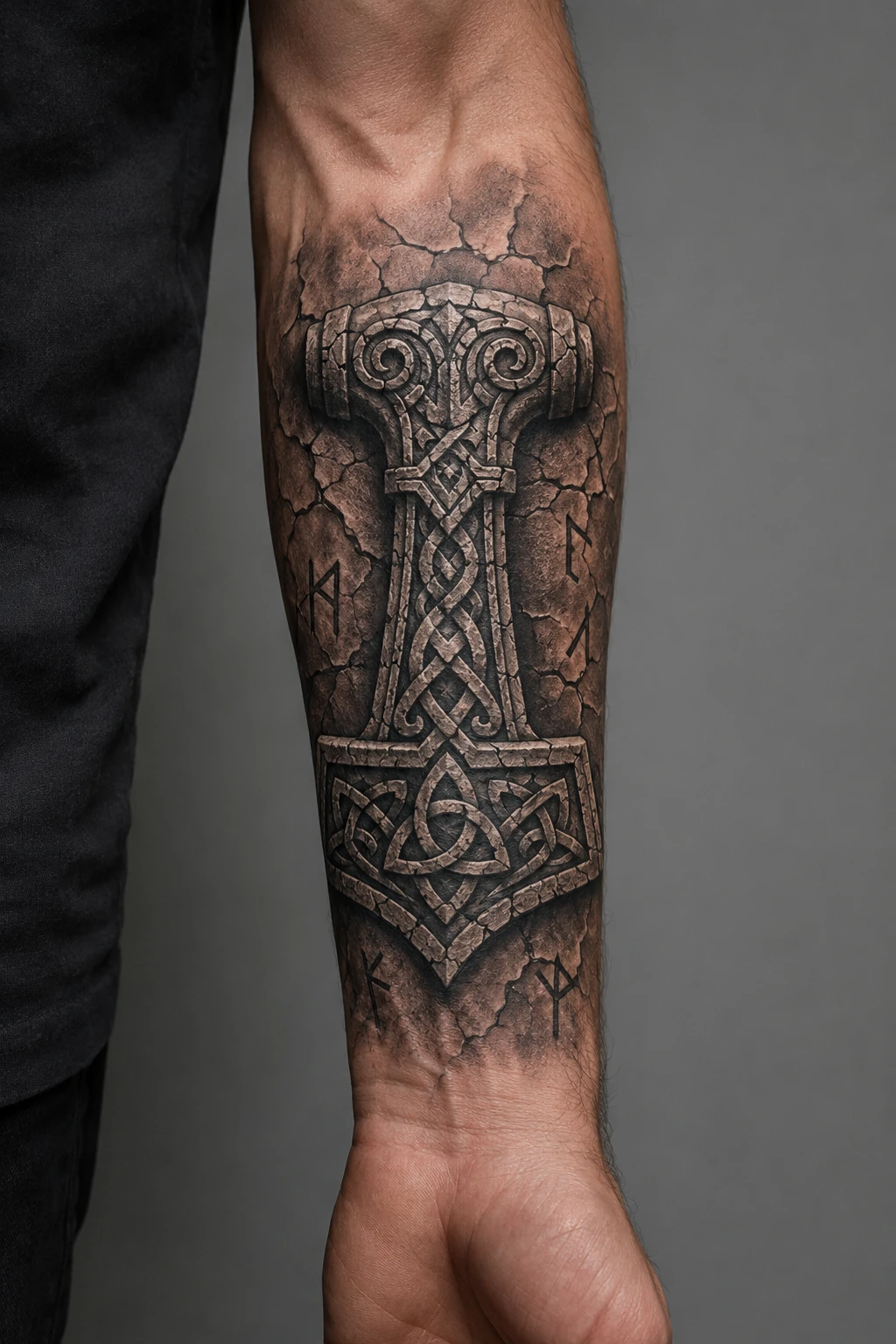 Carved stone Mjolnir with Norse knots, spirals and runes.