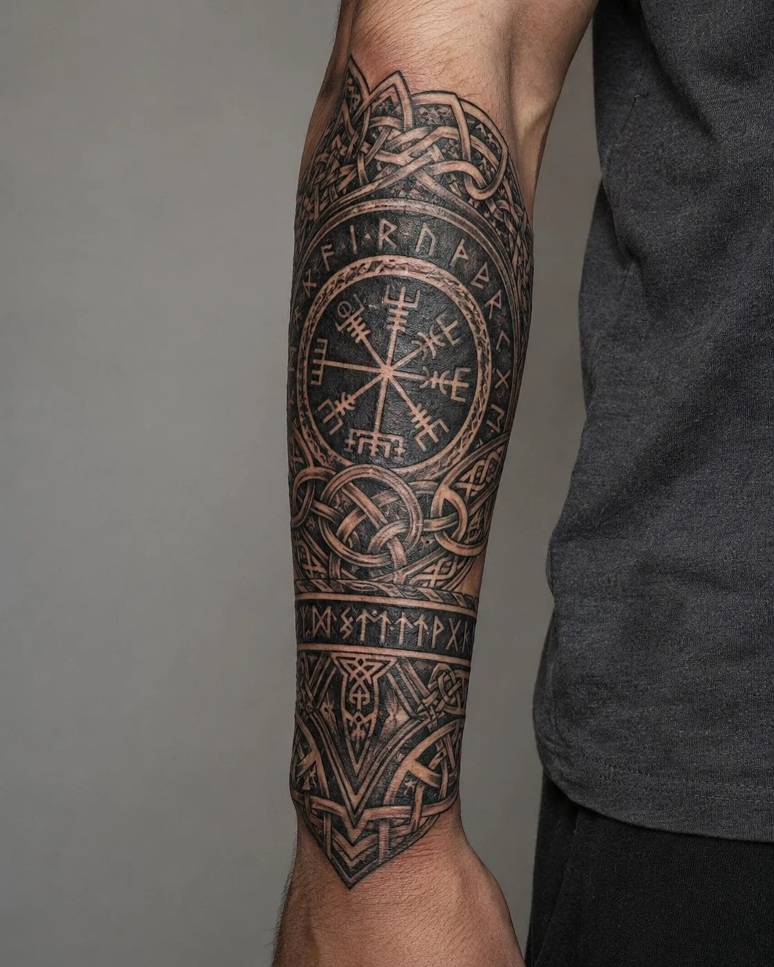 Spoked stave inside a ring of runes with dense interlace and a lower rune band, on a forearm