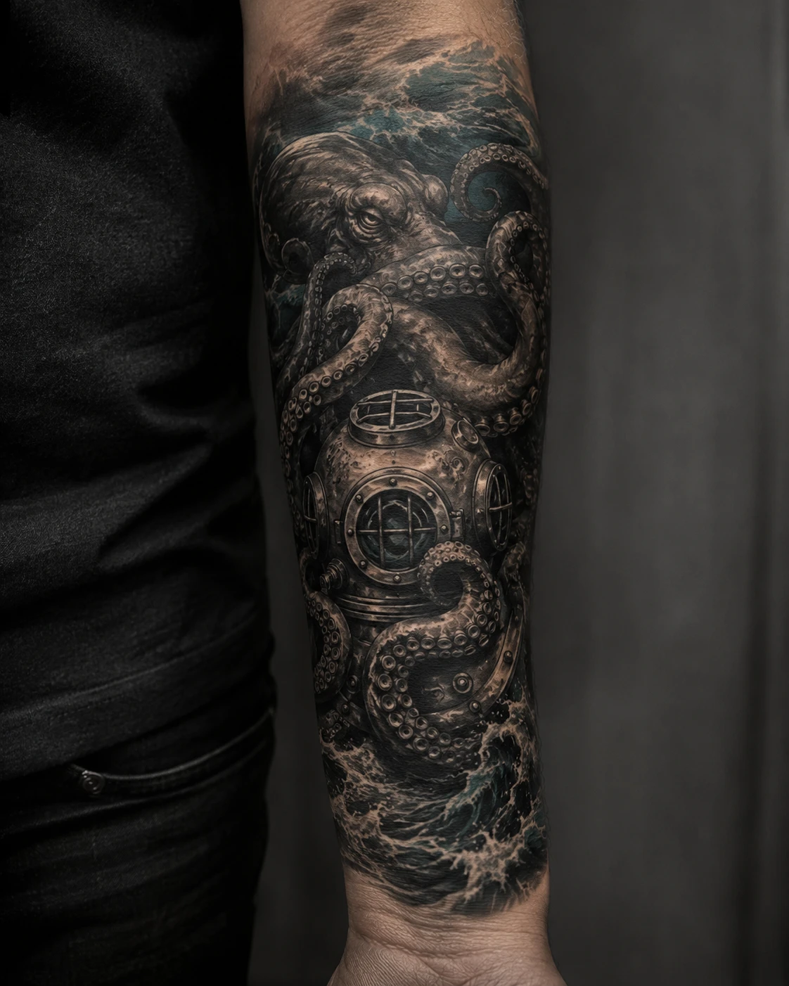 Octopus tentacles around antique diving helmet tattoo on forearm