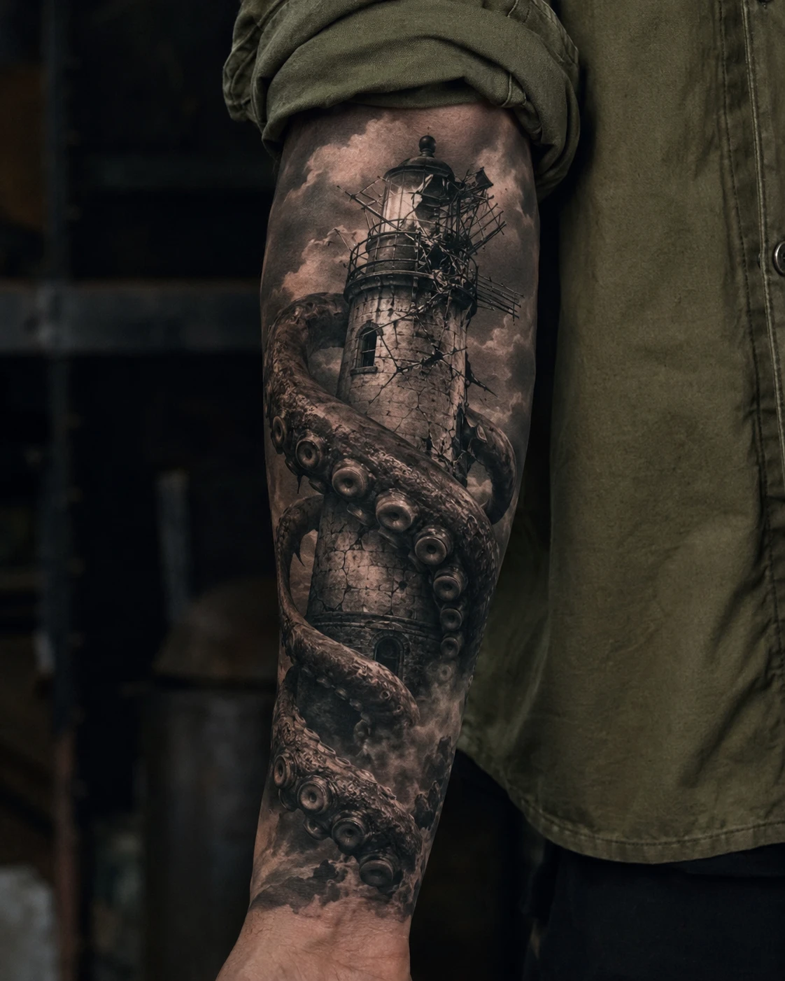 Black and grey forearm tattoo of tentacles wrapped around a damaged lighthouse.