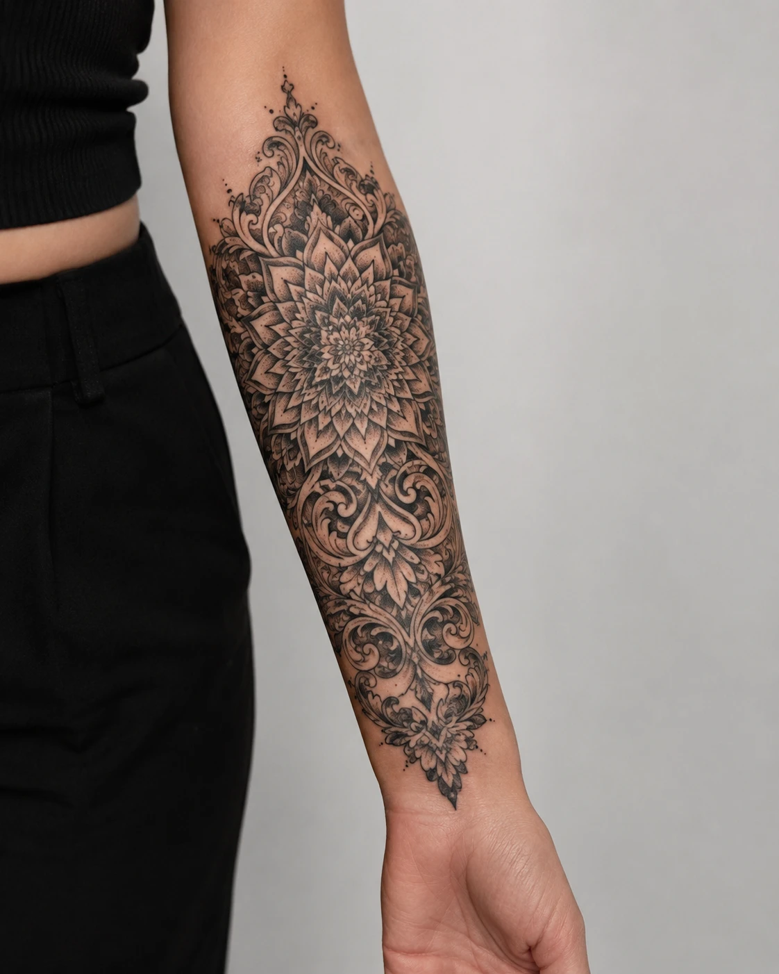 Layered mandala rosette unwinding into scrolling acanthus filigree above the wrist, on a forearm
