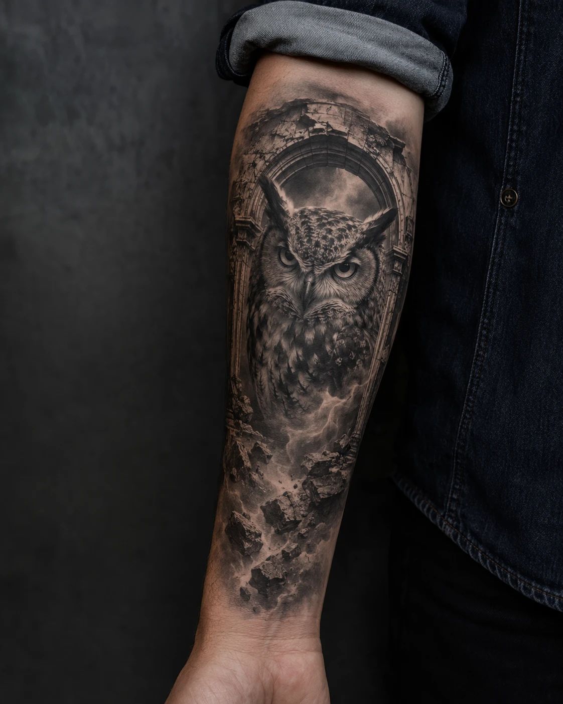 Owl portrait framed by a cracked stone arch and falling debris.