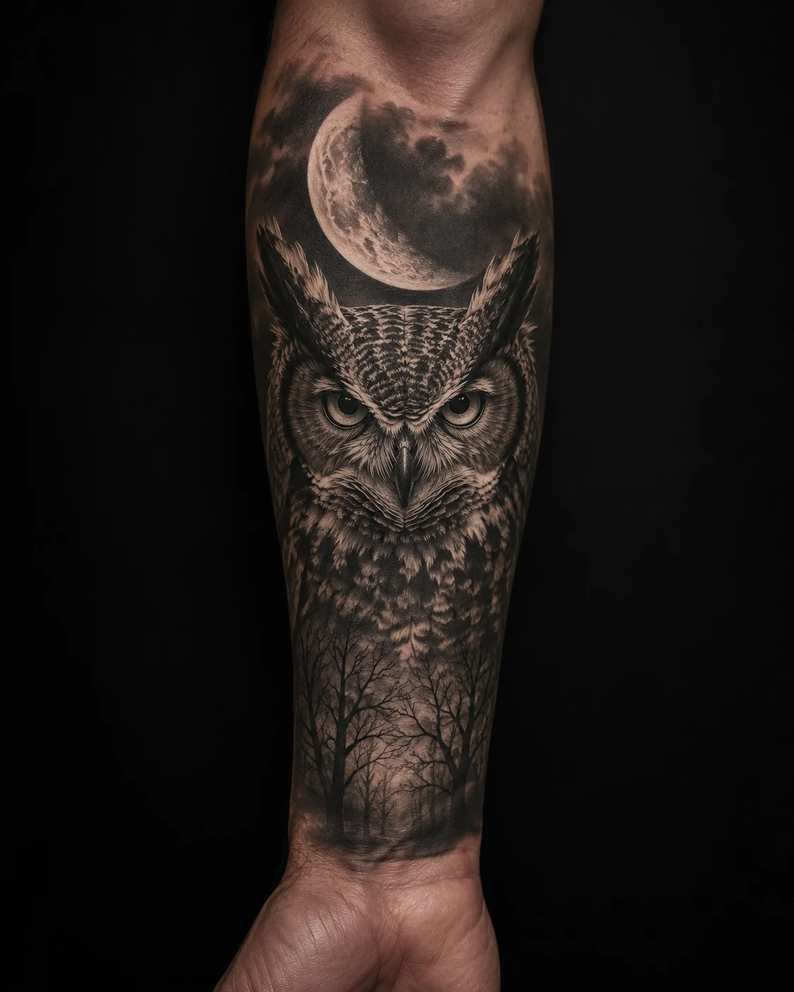 Horned owl below a crescent moon and above bare forest trees.