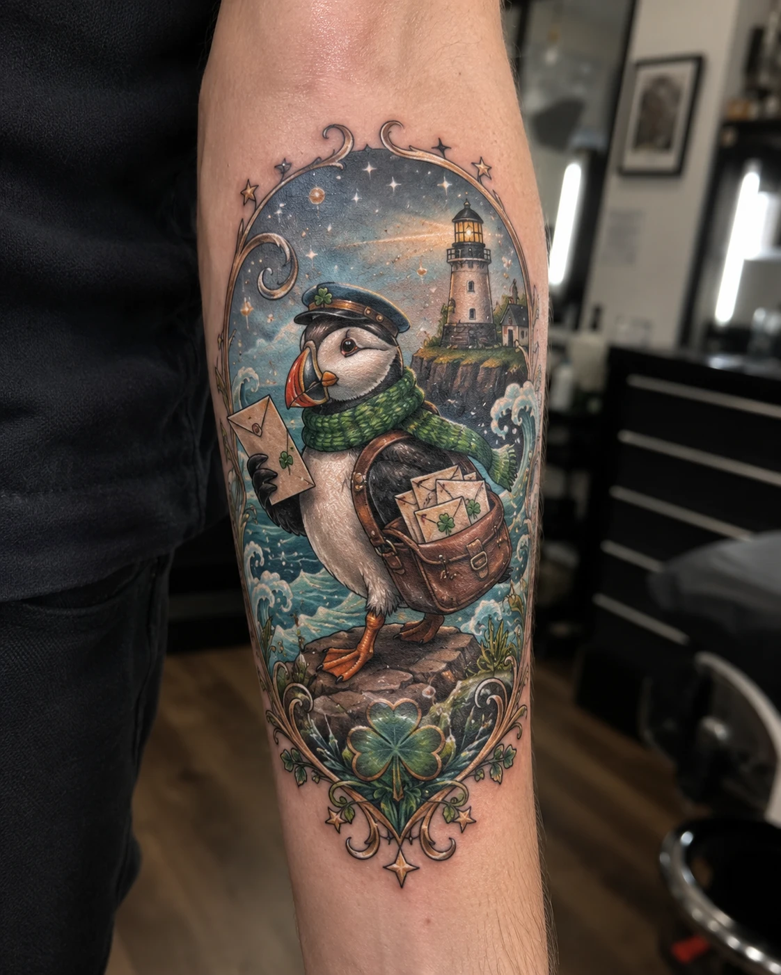 Penguin explorer with map and satchel beside a moonlit lighthouse
