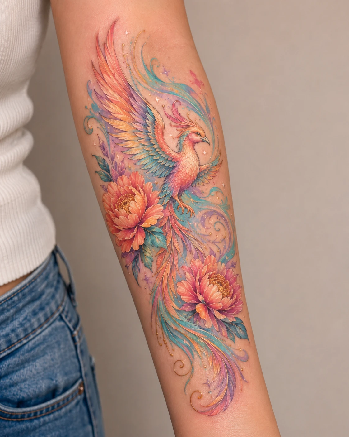 Brilliant phoenix lifts through curling flowers with spread wings, flame coloured feathers and flowing leaves.