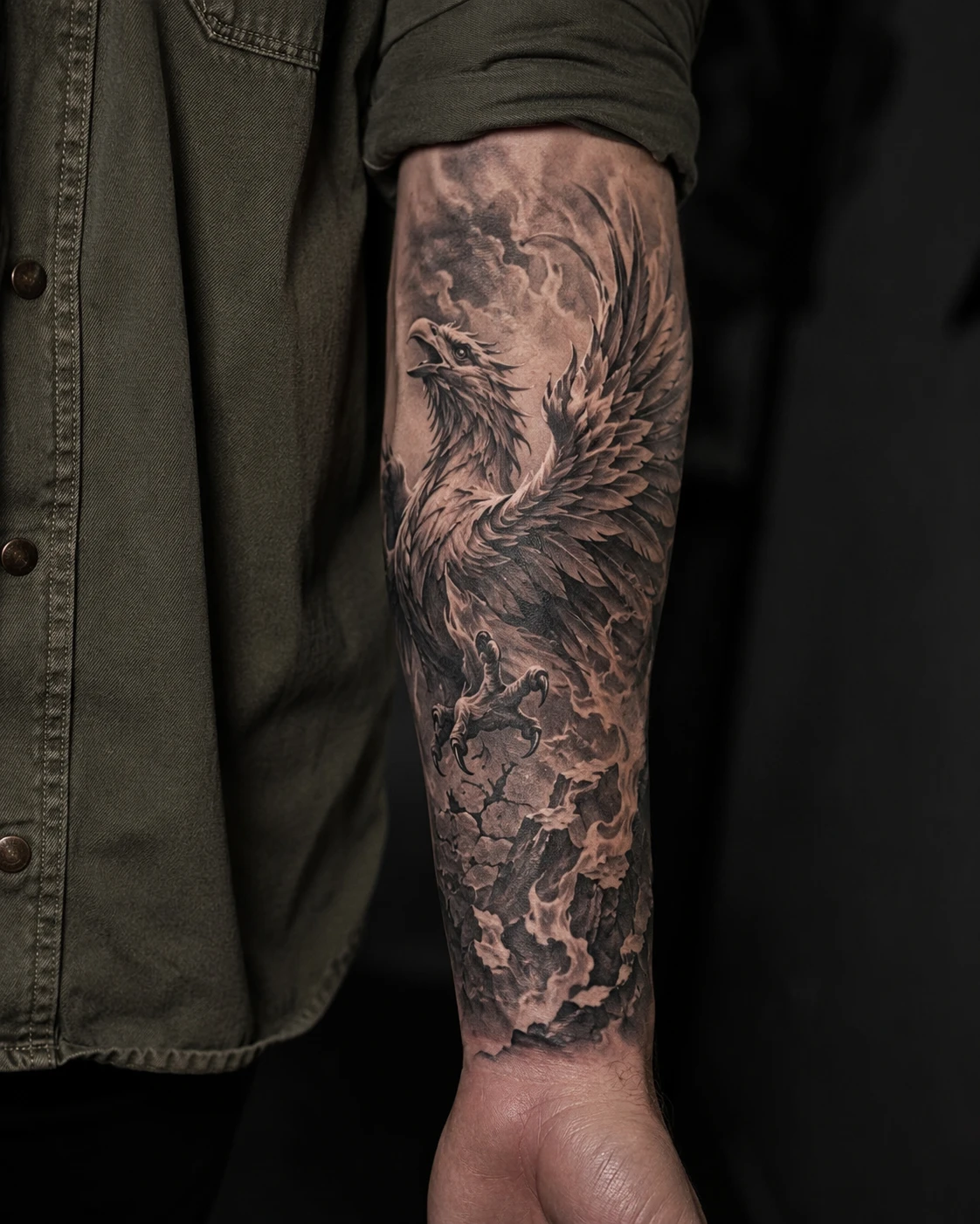 Black and grey rising phoenix tattoo across the forearm