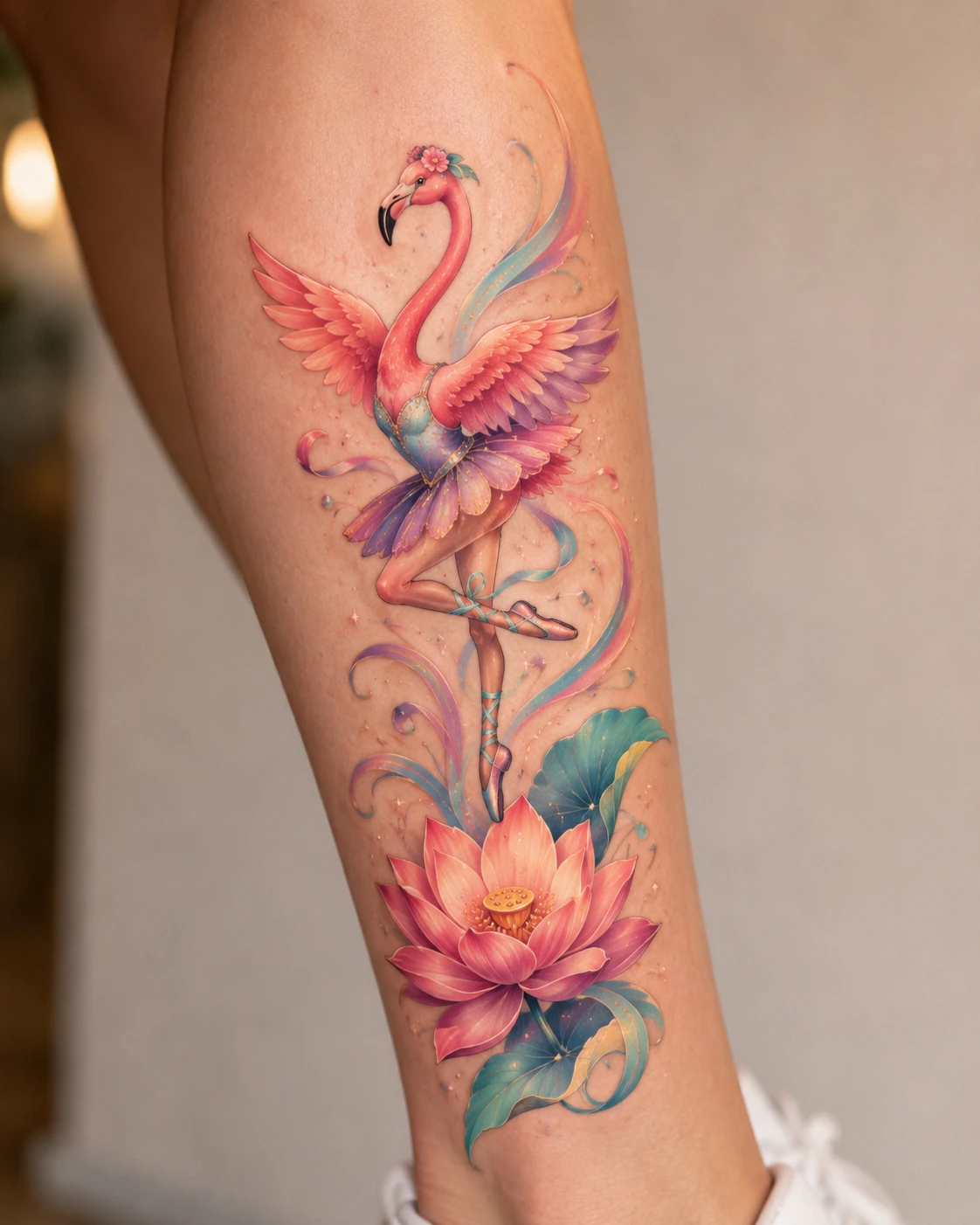 Pink flamingo and lotus flower tattoo on the forearm