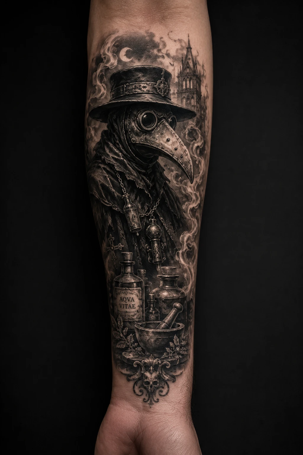 Plague doctor surrounded by apothecary bottles, tools, crescent moon and tower.