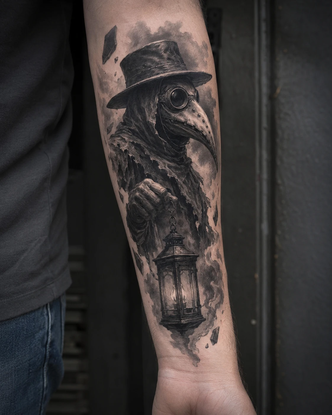 Plague doctor with beaked mask and lantern tattoo on forearm