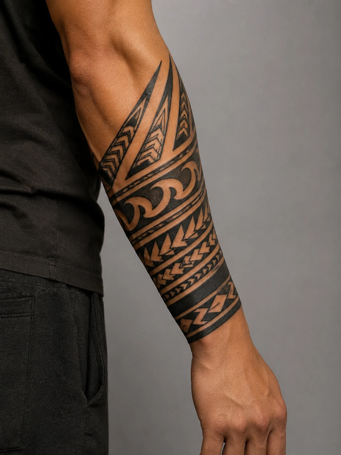 Bold Polynesian bands interlock with spear points, waves and repeating black geometric rhythm.