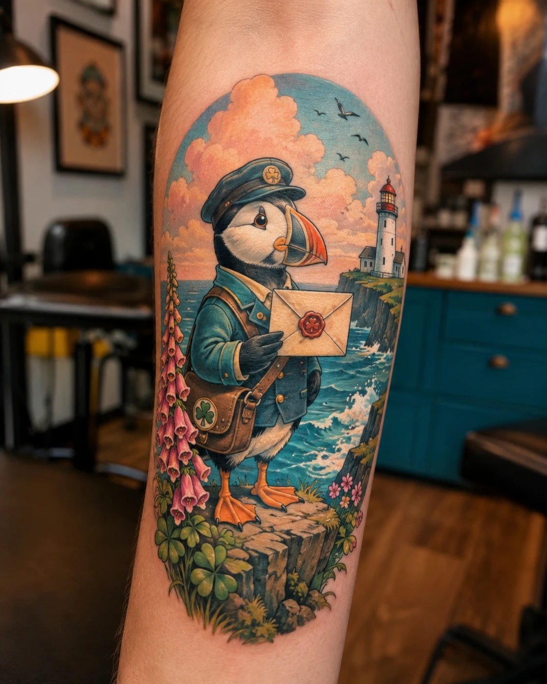 Puffin messenger with sealed letter beside flowers and harbour water