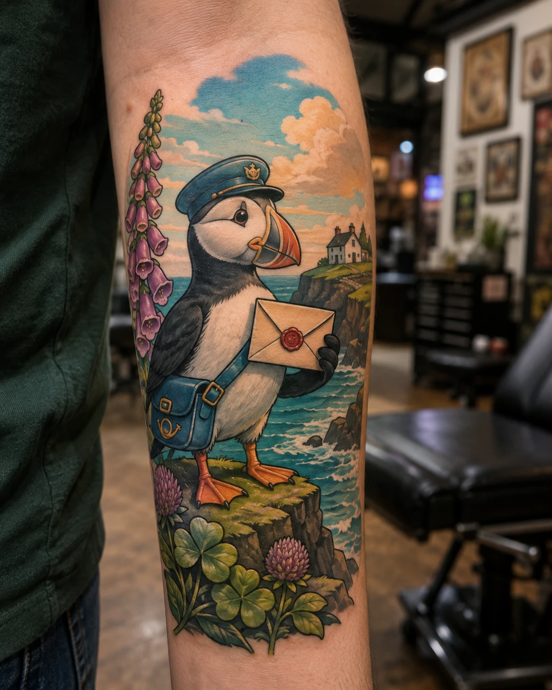 Puffin courier holding an envelope on a flowered lighthouse coast