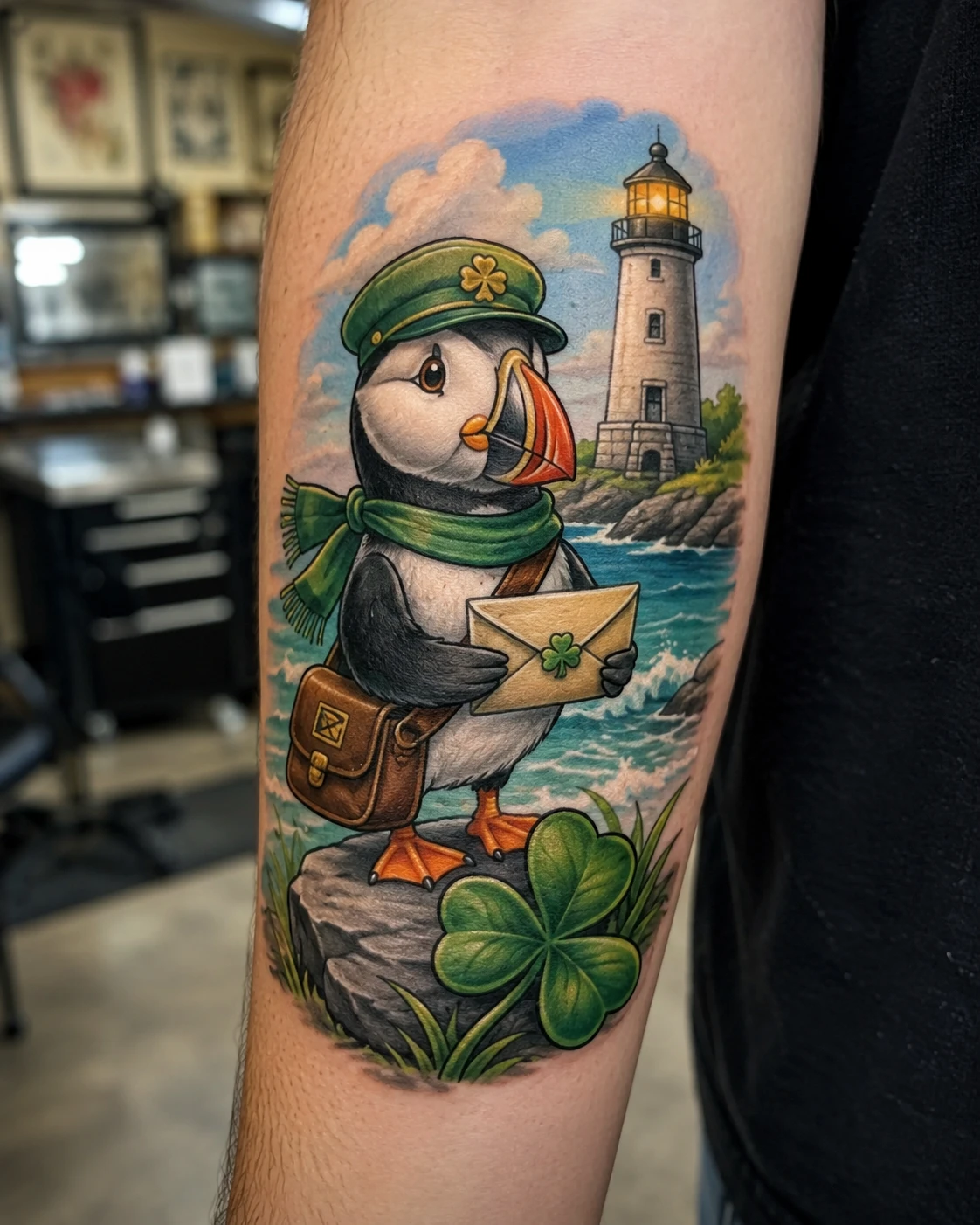 Puffin postman tattoo beside lighthouse and shamrock on forearm
