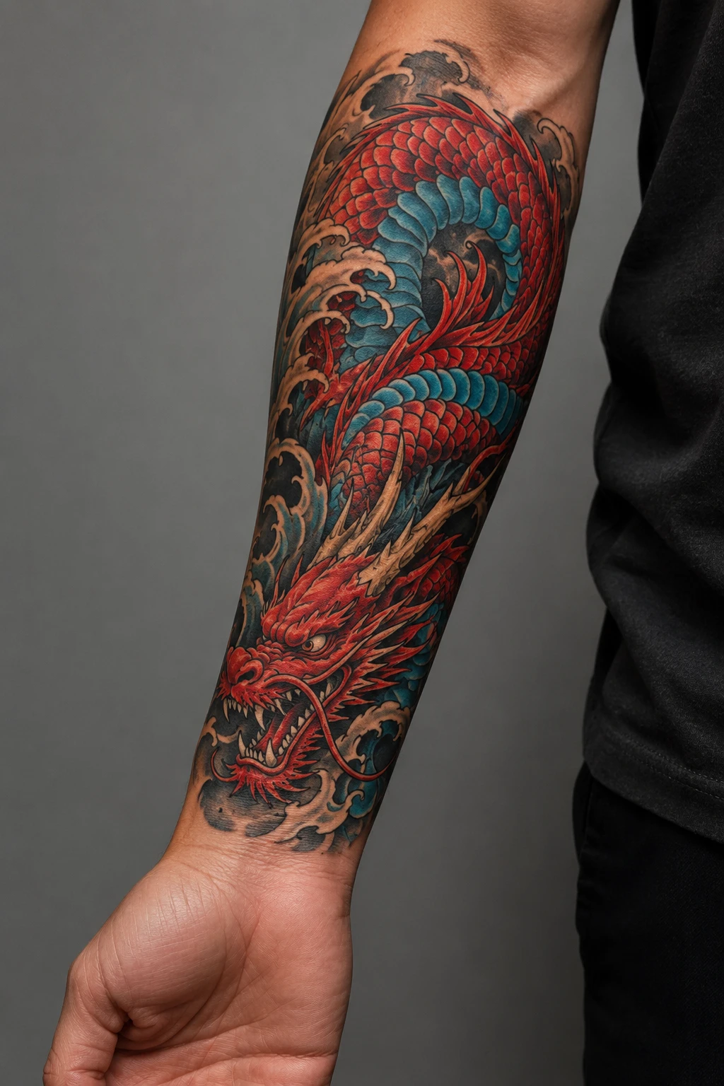 Red Japanese dragon coiling through turquoise clouds and gold flames
