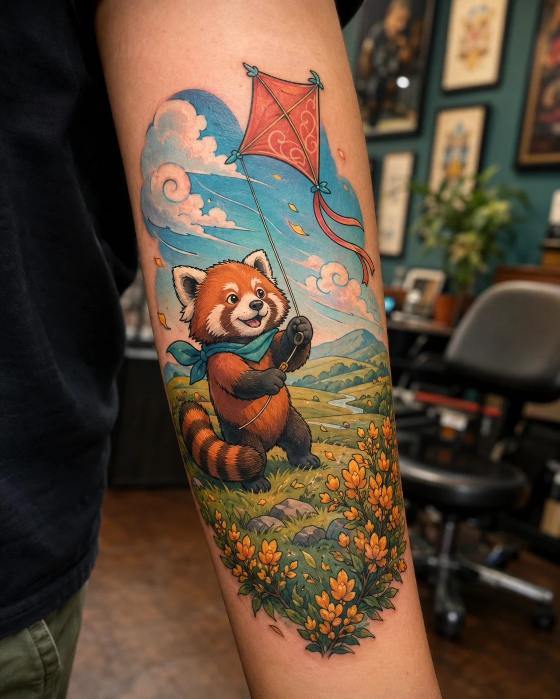 Red panda runs through a breezy meadow.