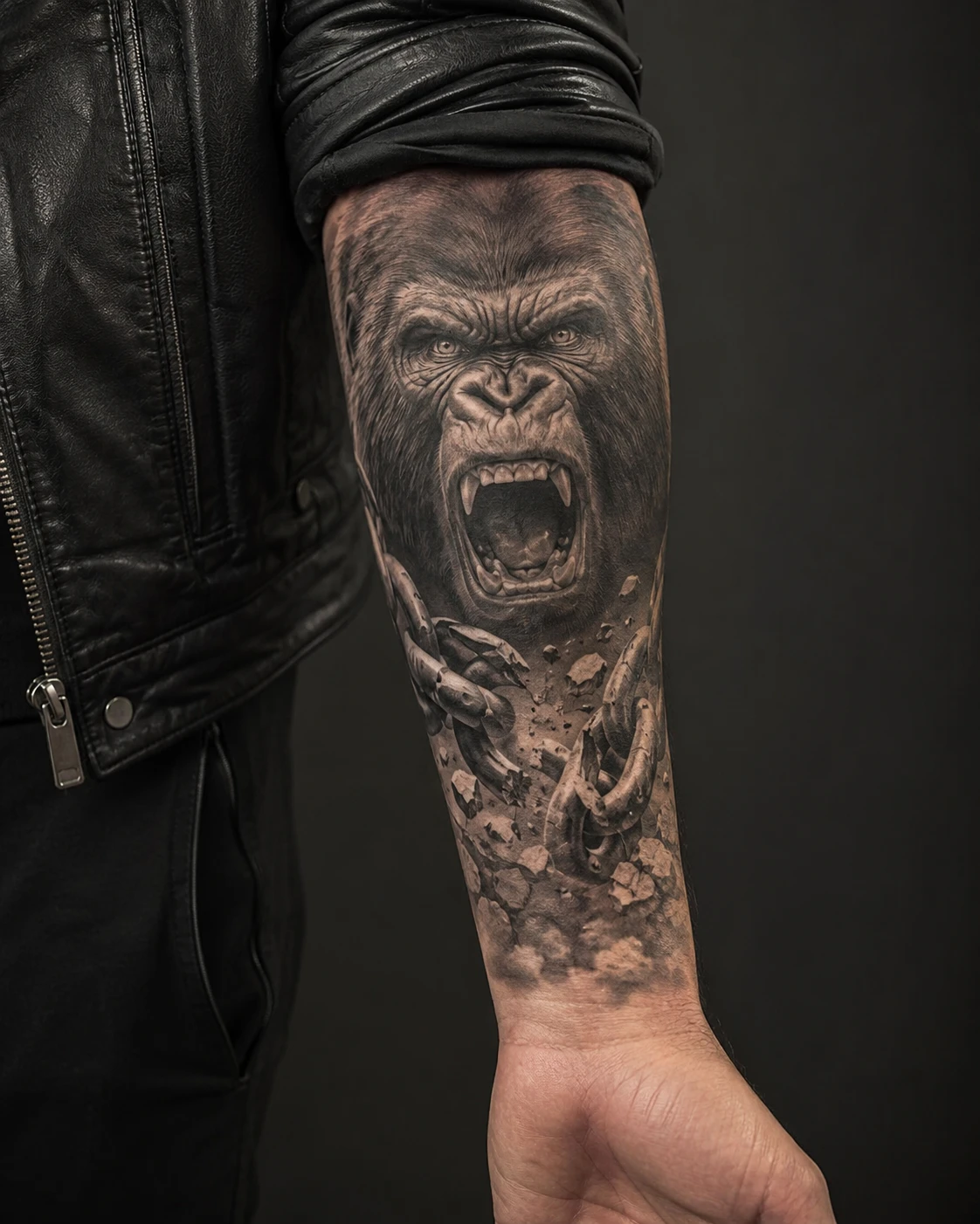 Roaring gorilla above twisted metal, mechanical fragments, smoke and dark rubble.