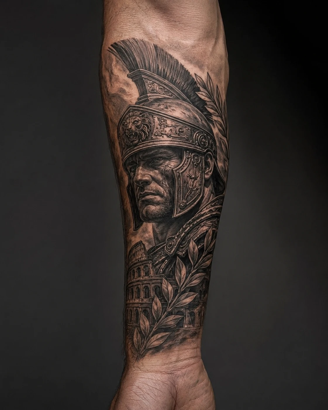 Stern Roman centurion faces forward beneath a crested helmet.