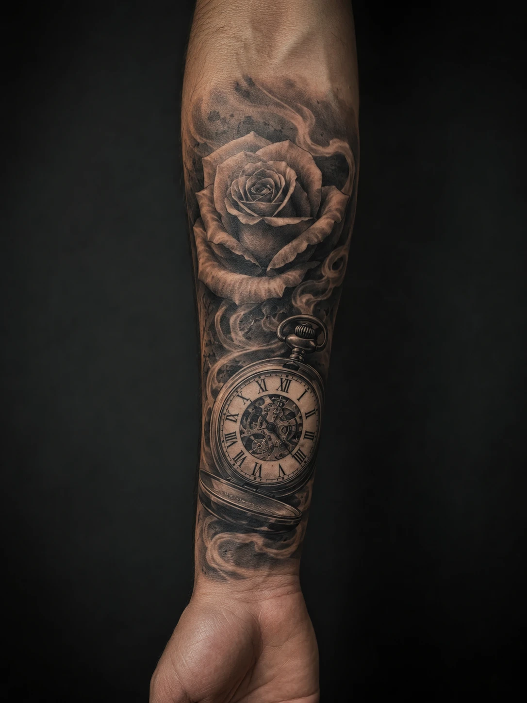 Full rose curls around an antique pocket watch with deep petals, polished metal and soft smoke.