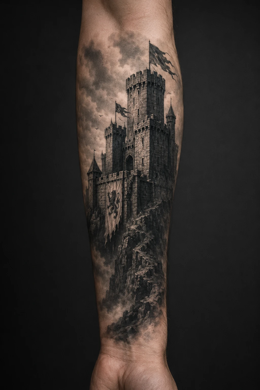 Ruined Gothic castle tattoo rising through mist on forearm