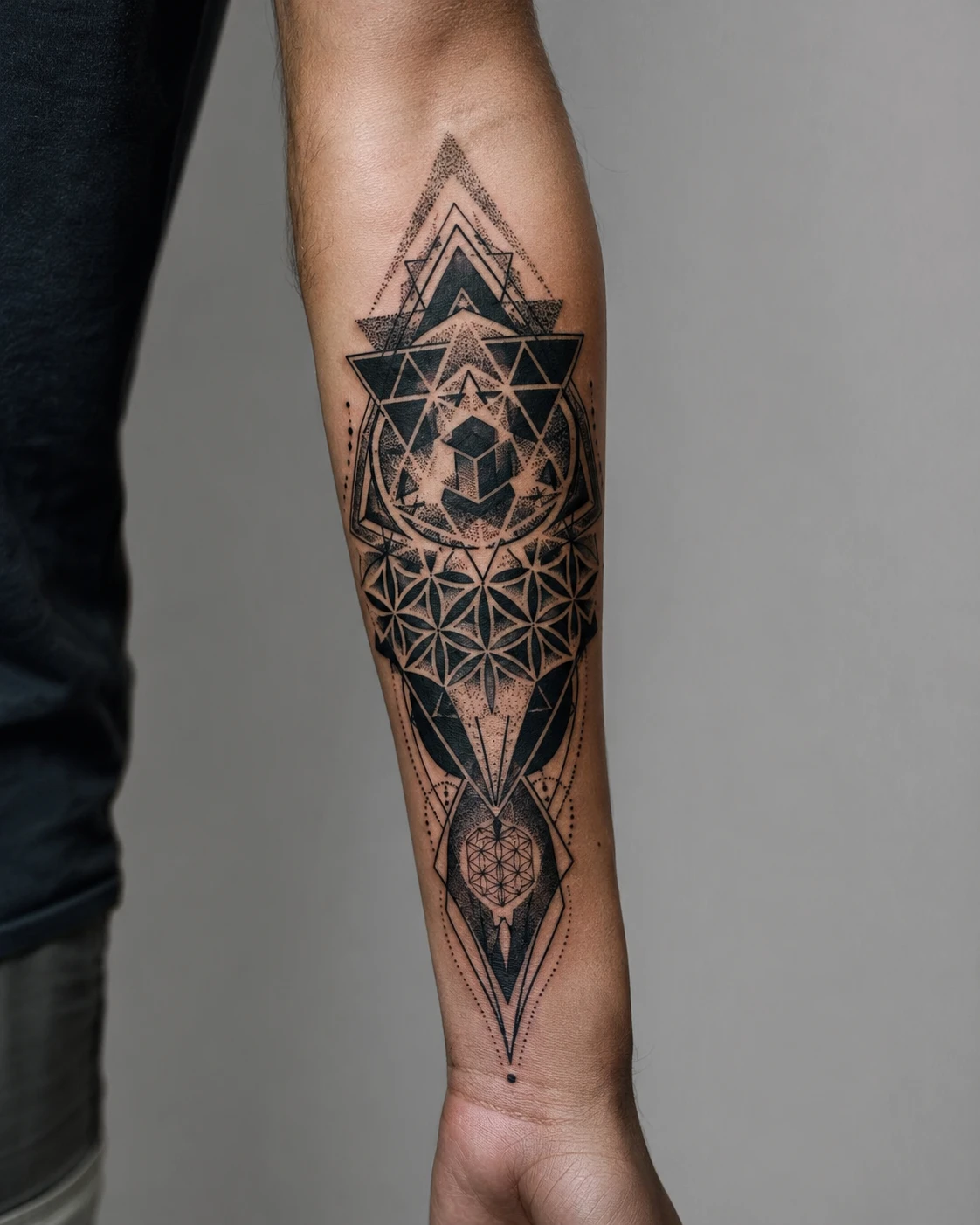 Flower of life grid framed by solid triangles and a shaded cube running to the wrist, on a forearm