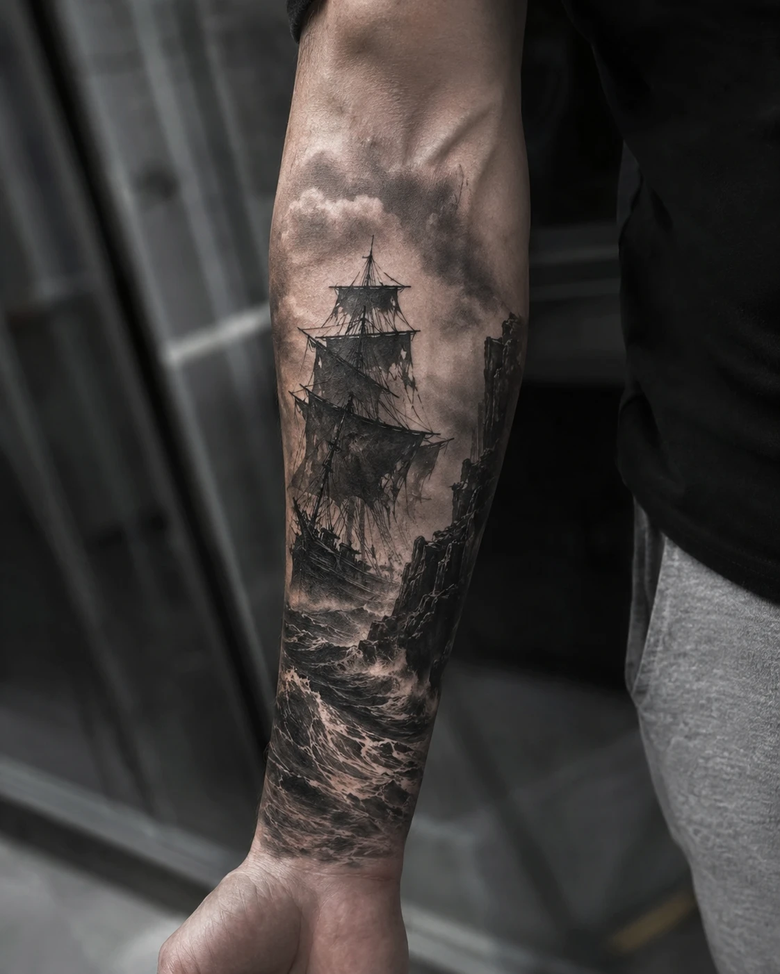 Tall ship leans into rough waves.
