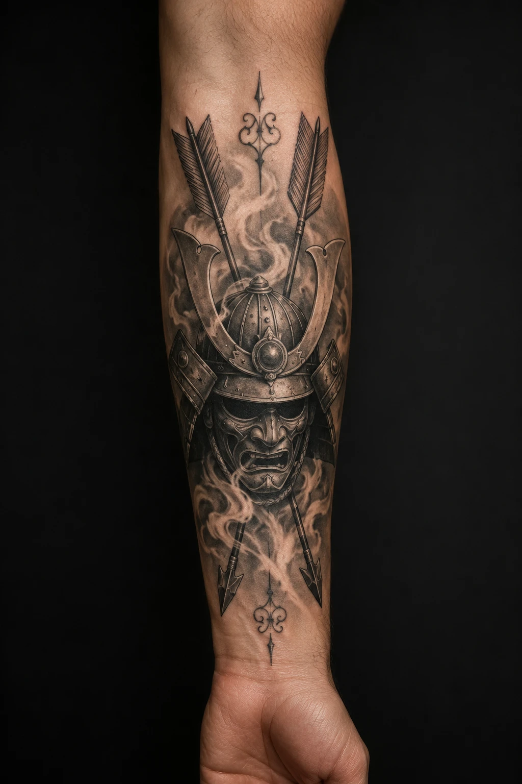Samurai kabuto, menpo mask and crossed arrows form a detailed black and grey forearm composition.