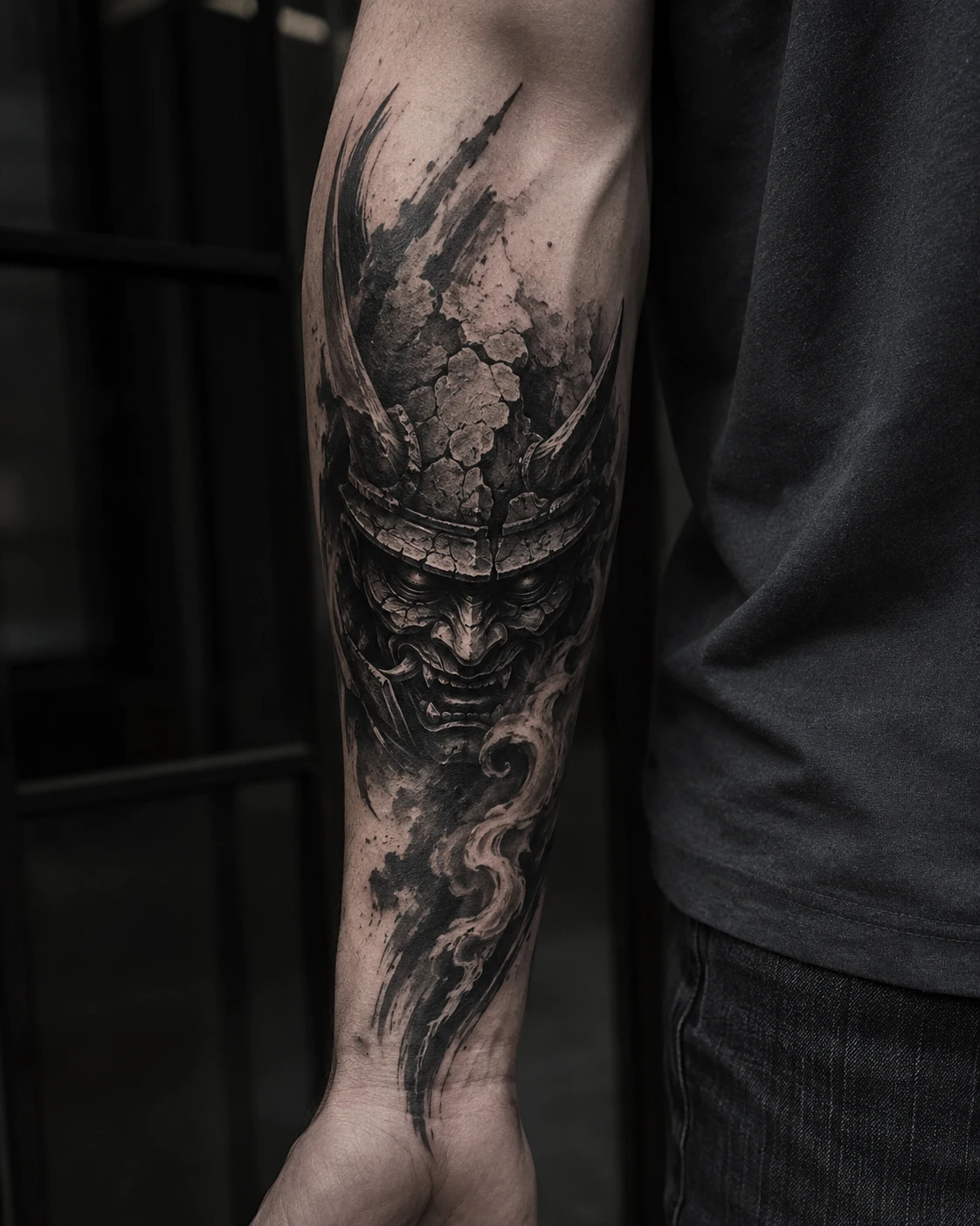 Fierce samurai mask and broken ink tattoo on forearm