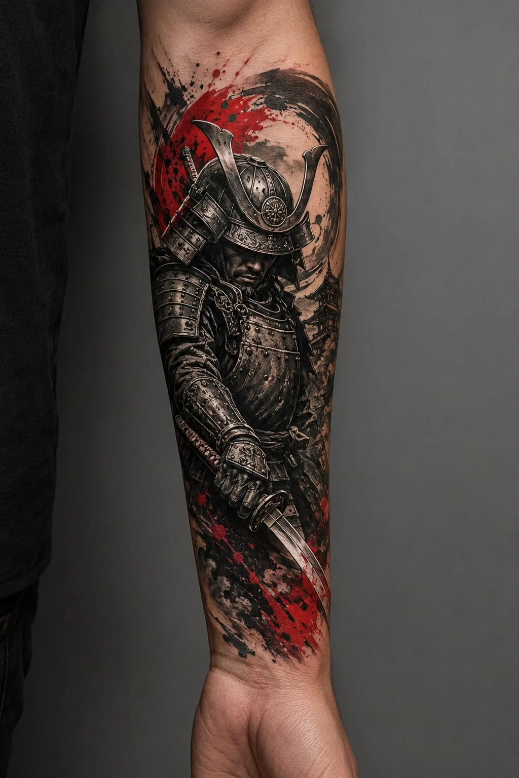 Armoured samurai turns beneath a crested helmet.