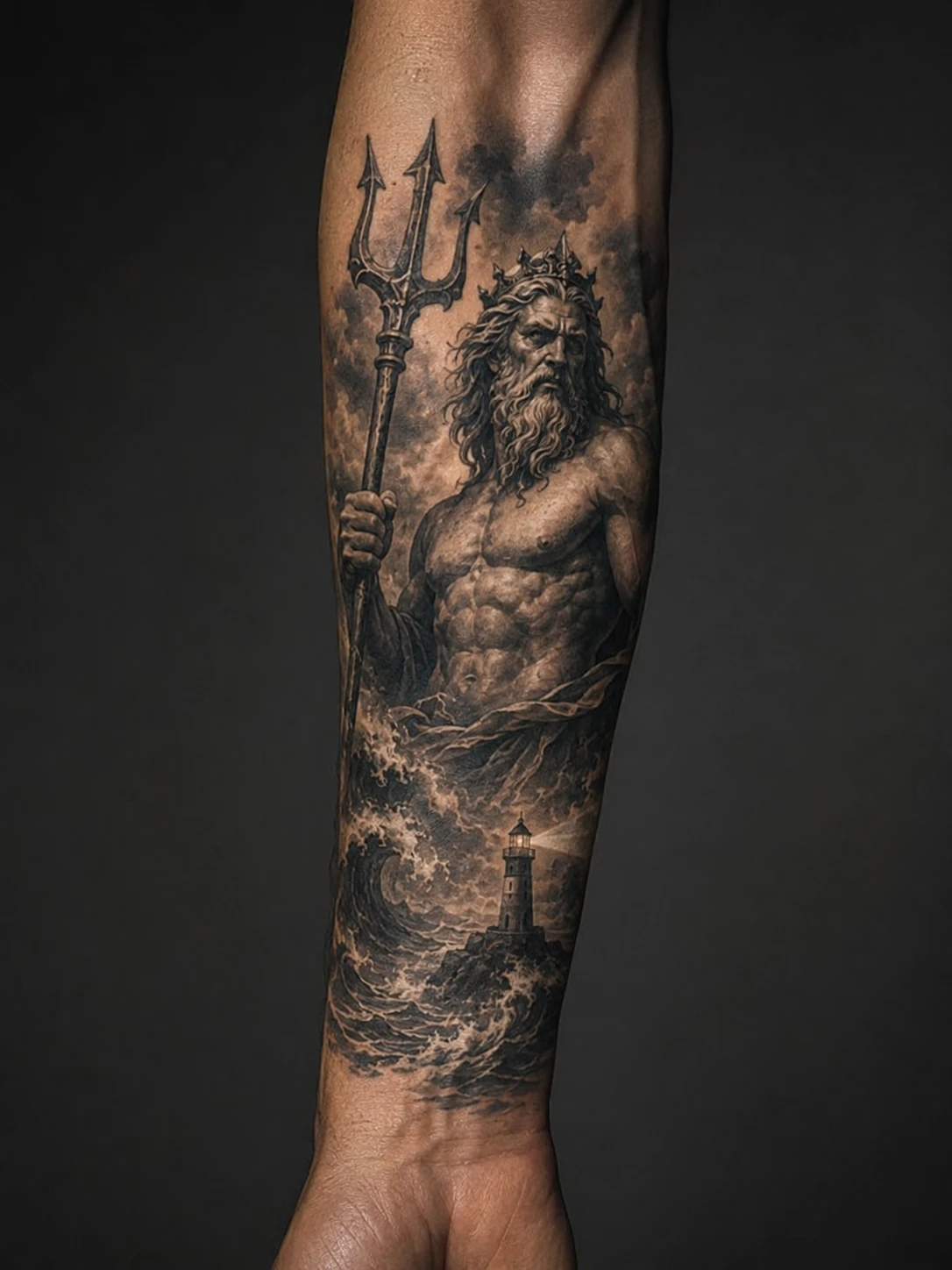 Sea god with trident above storm lighthouse tattoo on forearm