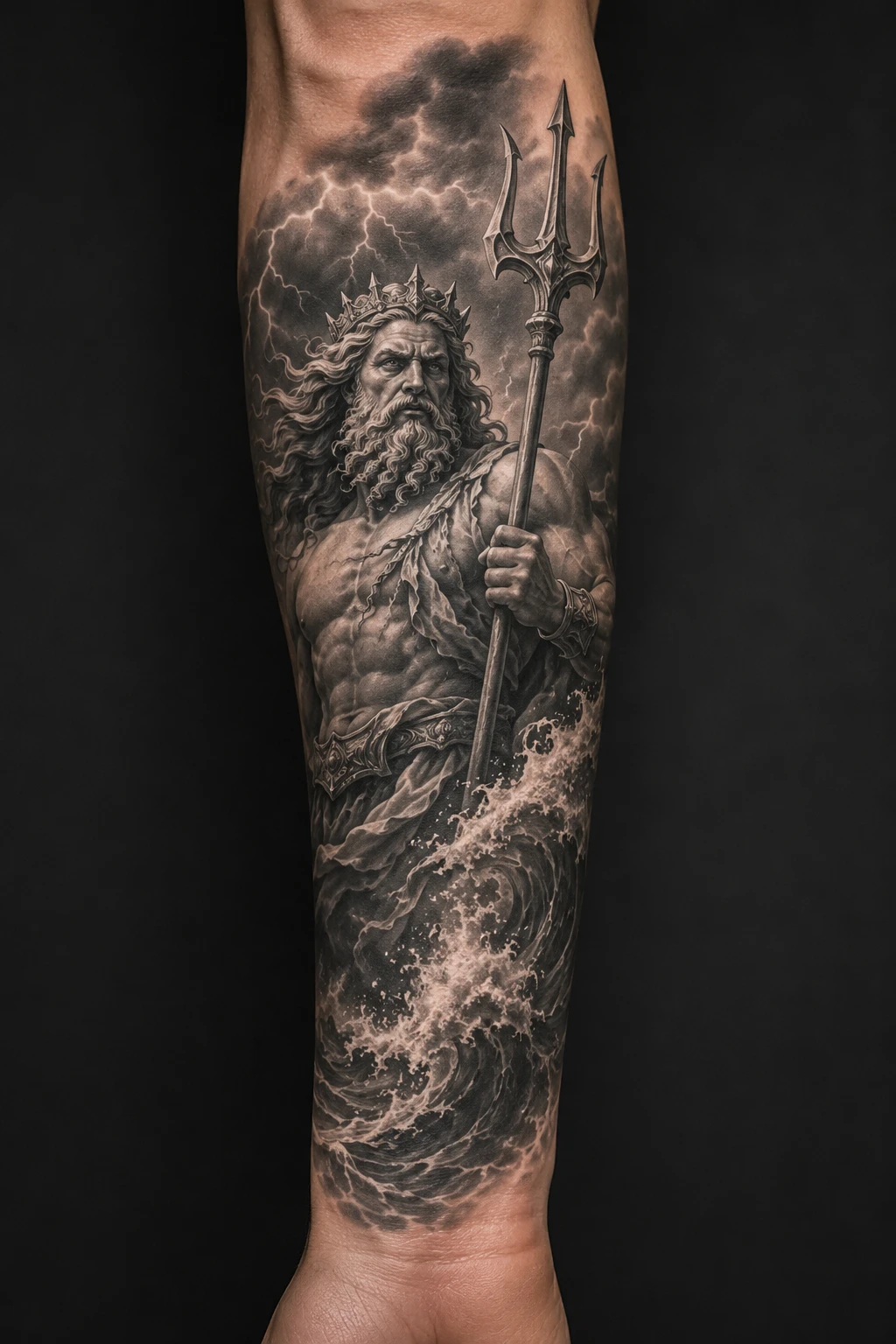 Bearded sea ruler with trident and storm waves tattoo on forearm