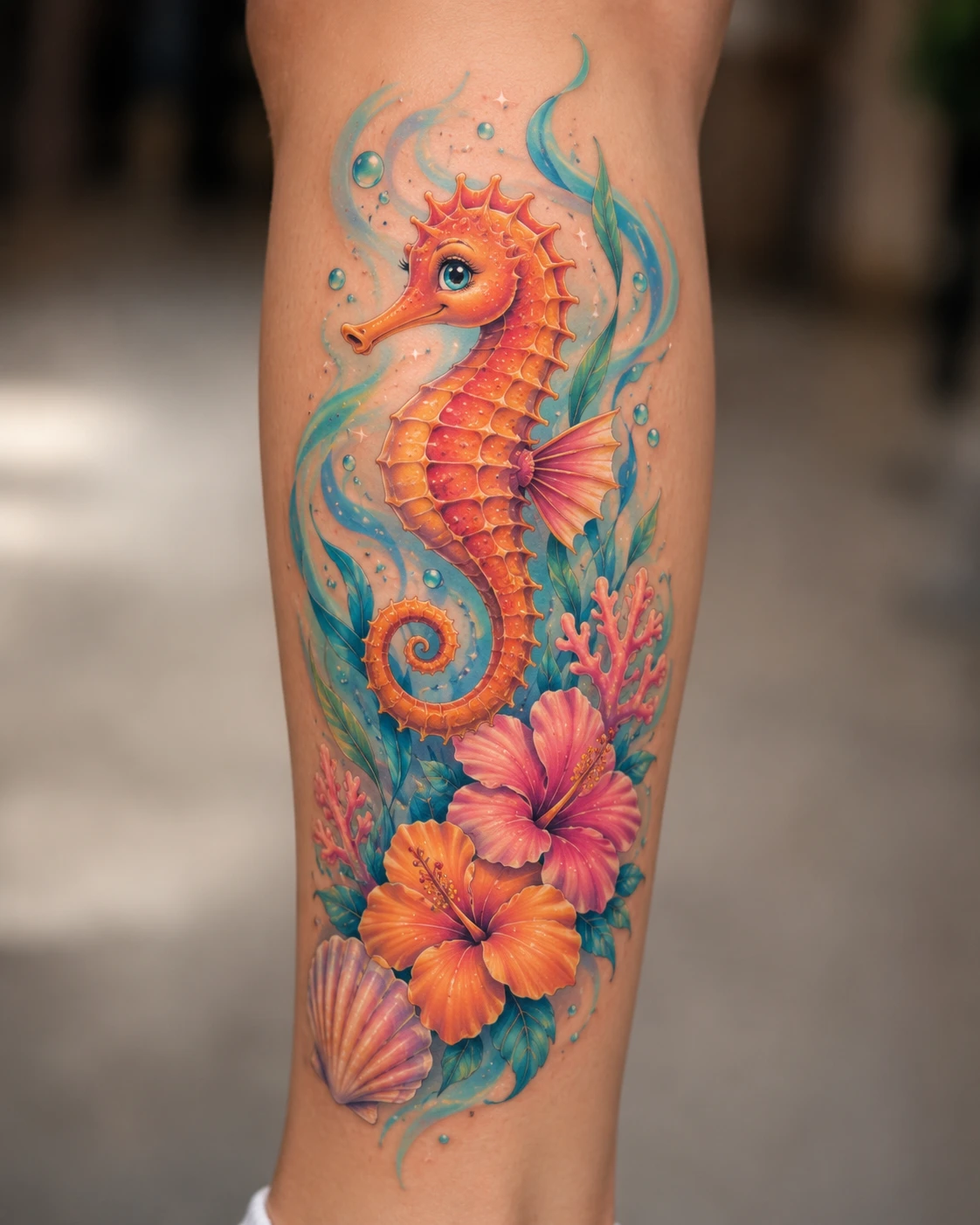 Golden seahorse drifts through coral blooms and blue leaves in a bright flowing underwater arrangement.
