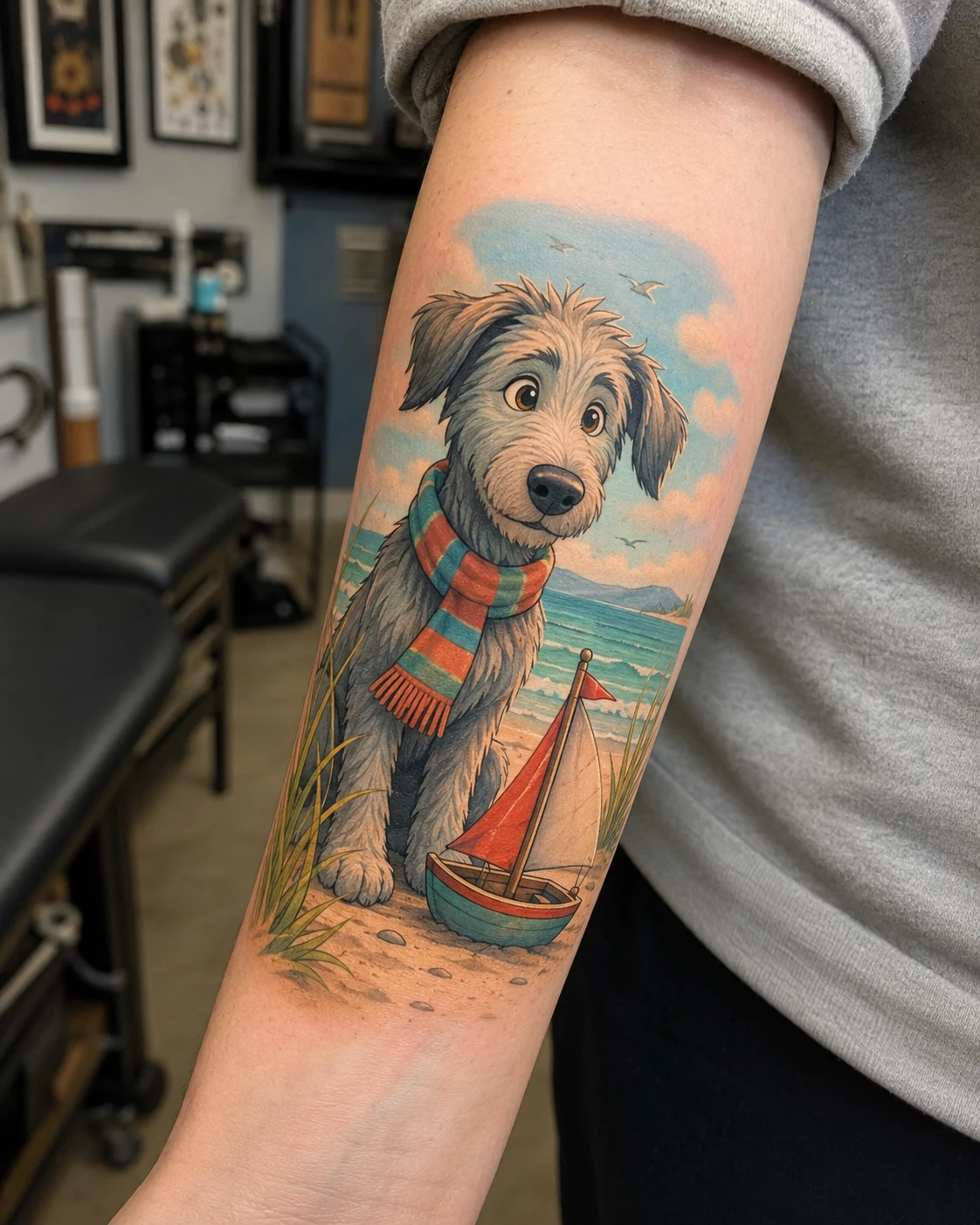 Shaggy scarf-wearing dog beside a red model sailboat on the beach.
