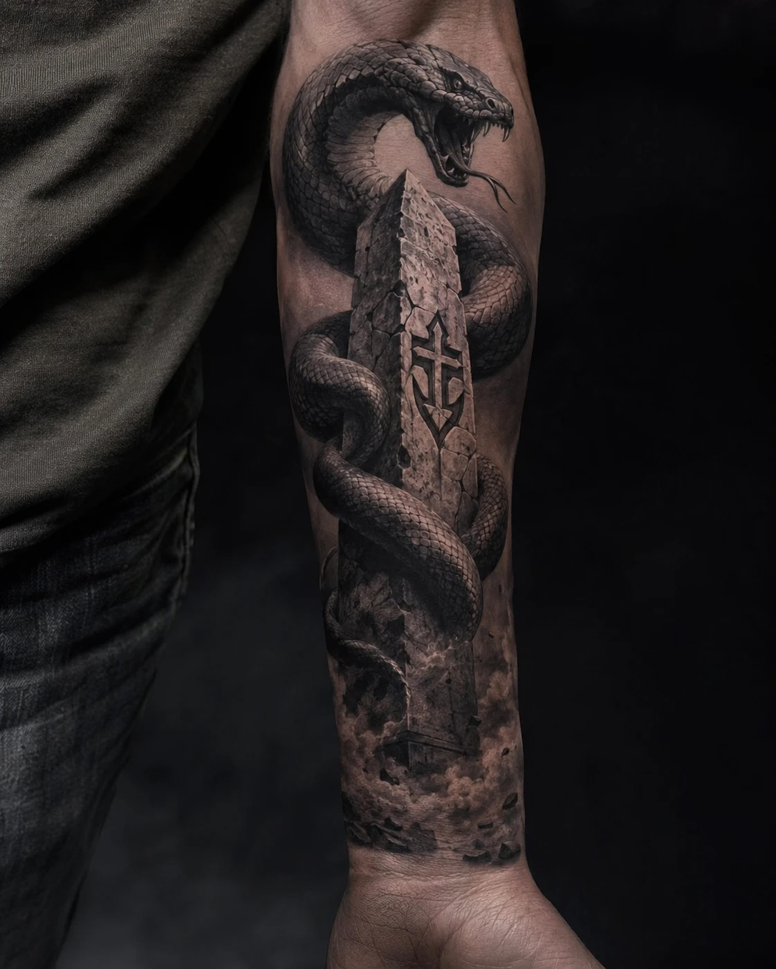 Fanged serpent coiled around cracked stone obelisk tattoo on forearm