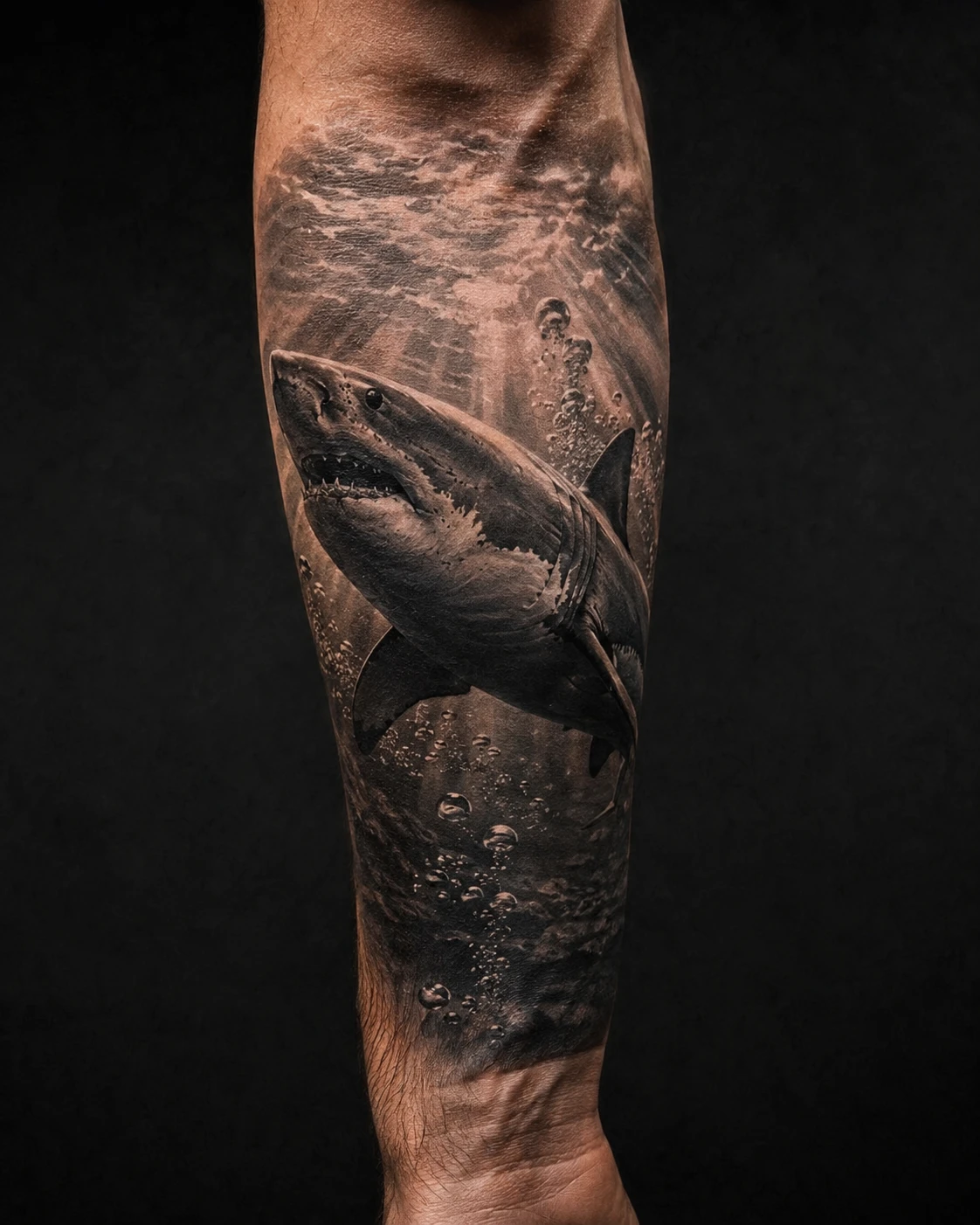 Large shark rising through dark ocean water tattoo on forearm