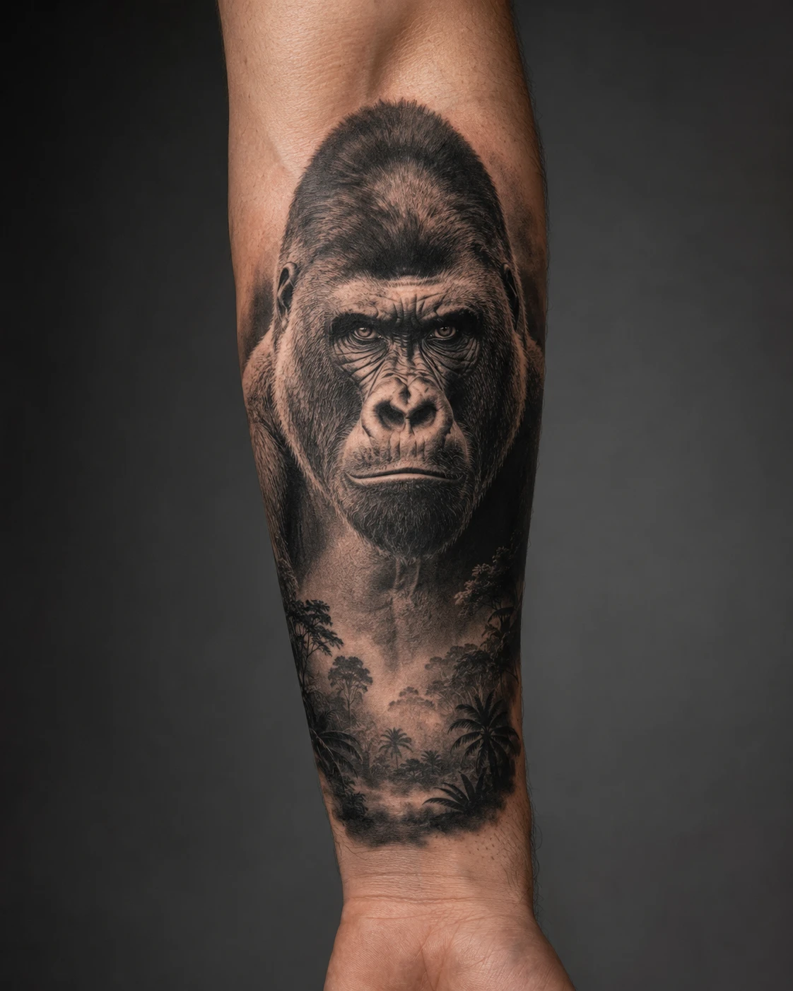 Silverback gorilla faces forward with steady eyes, coarse fur and sculpted high contrast shadow.