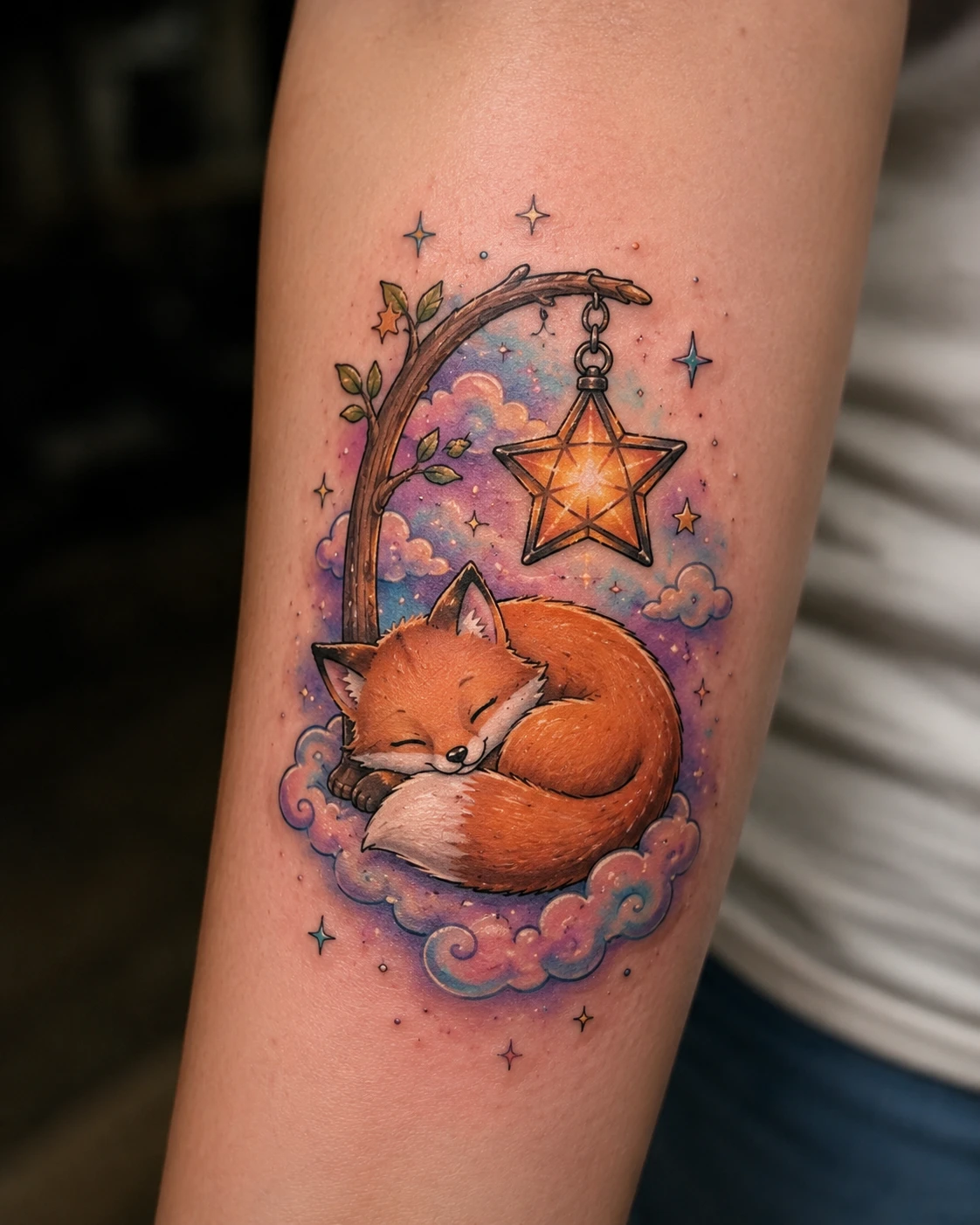 Curled fox sleeps beneath a tiny star lantern.