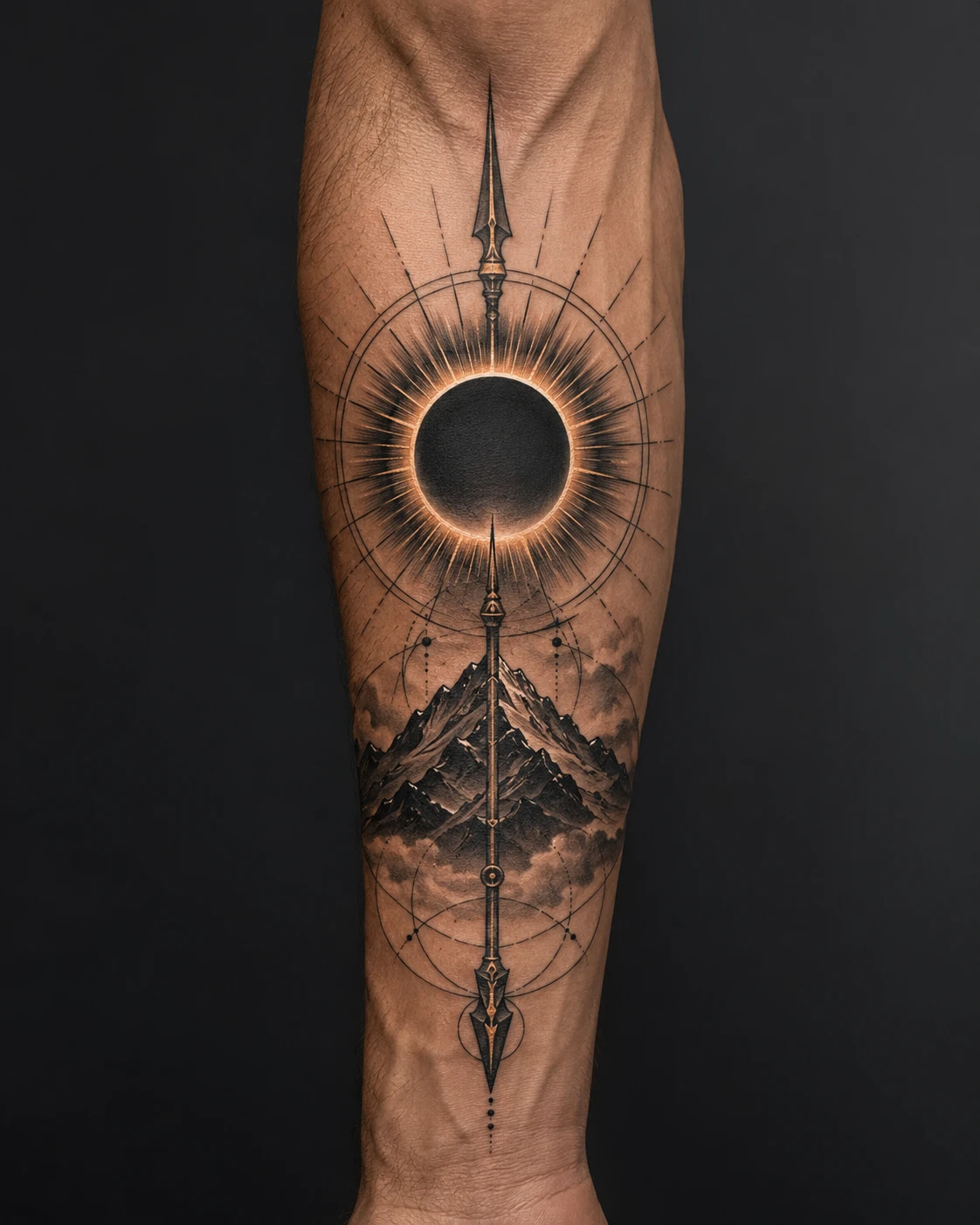 Glowing eclipse over mountains with a vertical ornamental spear.