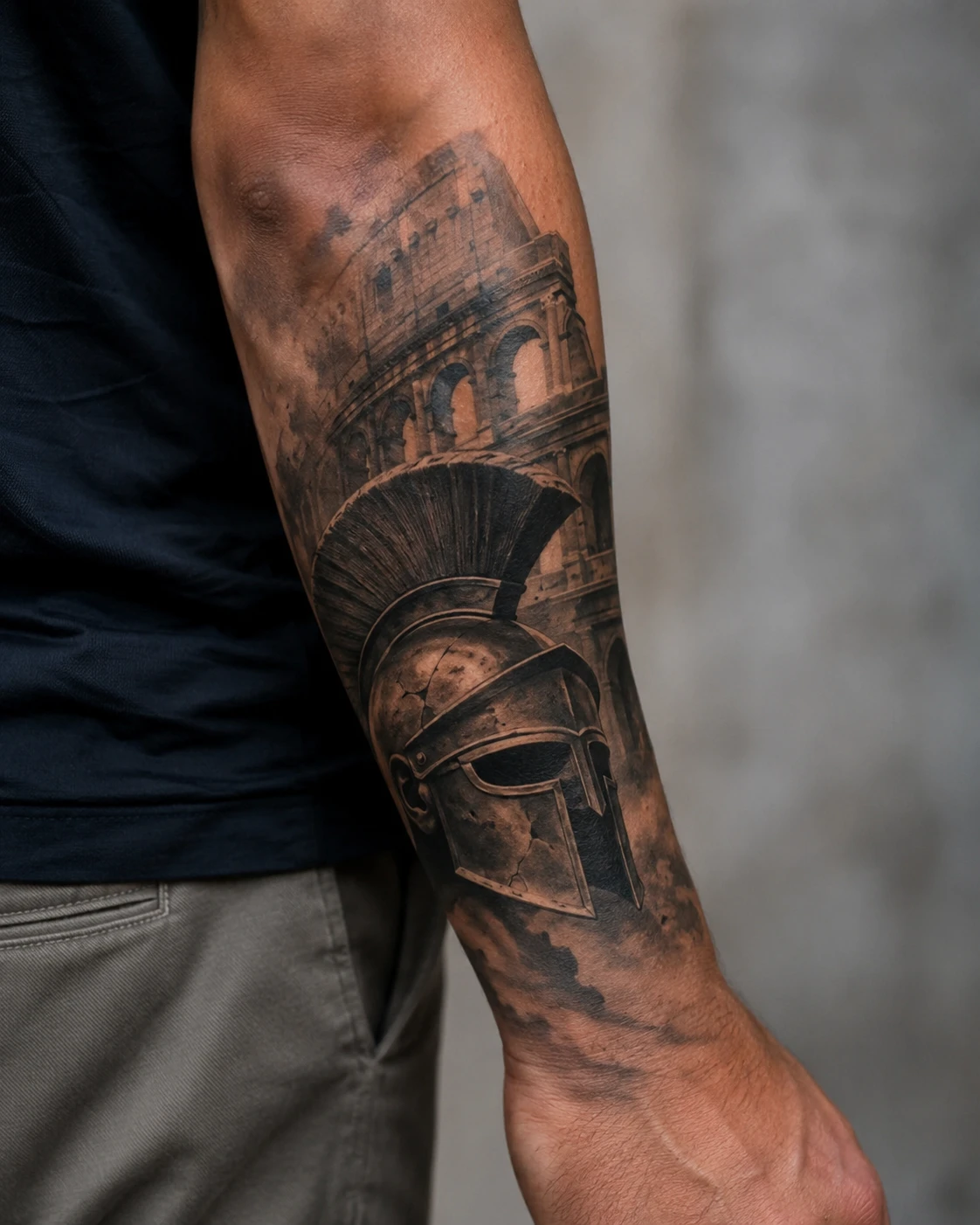 Spartan helmet and ancient amphitheatre tattoo on forearm