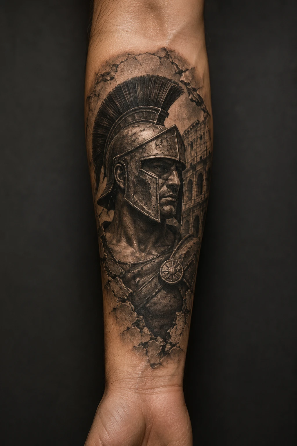 Close Spartan helmet portrait sits within sharp geometric panels and finely controlled metallic shading.