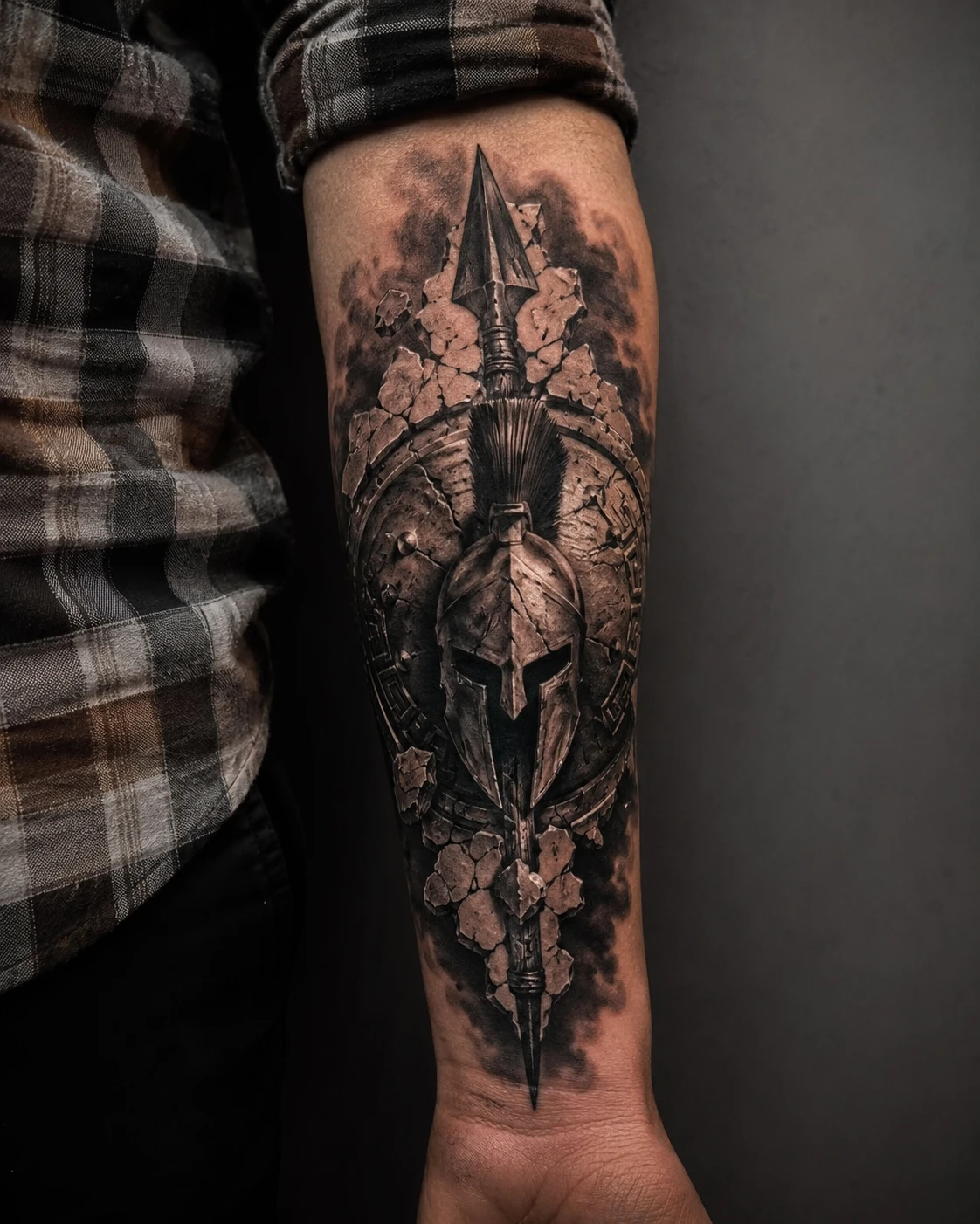 Spartan helmet with spear and shield tattoo on forearm